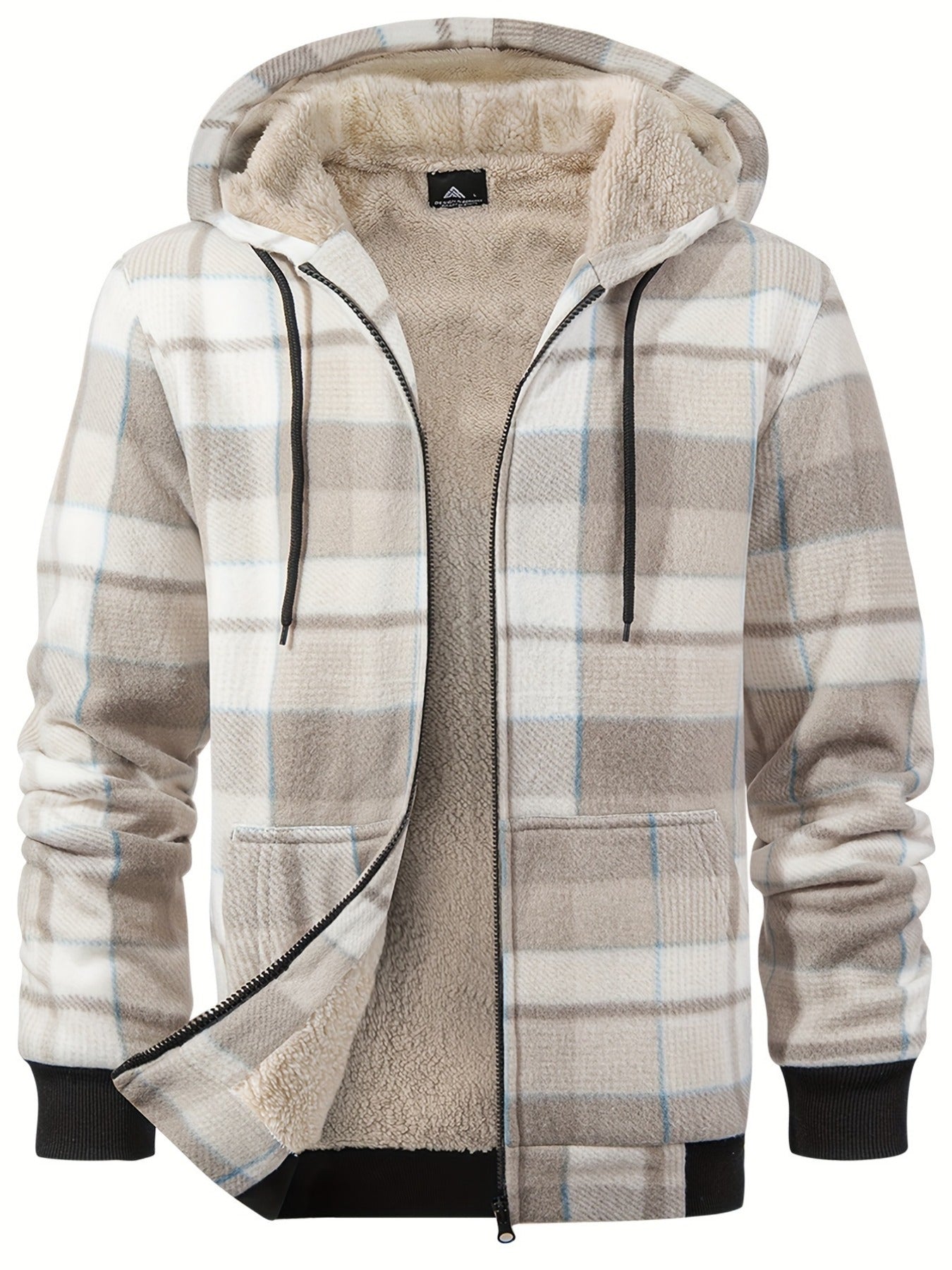 Men's Heavyweight Fleece Hooded Jacket - Full-Zip Sherpa Lining, Thick Winter Coat with Plaid Pattern (Blue/Black/Beige/Brown), Zippered Pockets, Hand Washable, Casual Outerwear for Cold Weather & Everyday Use - Ideal for Ski