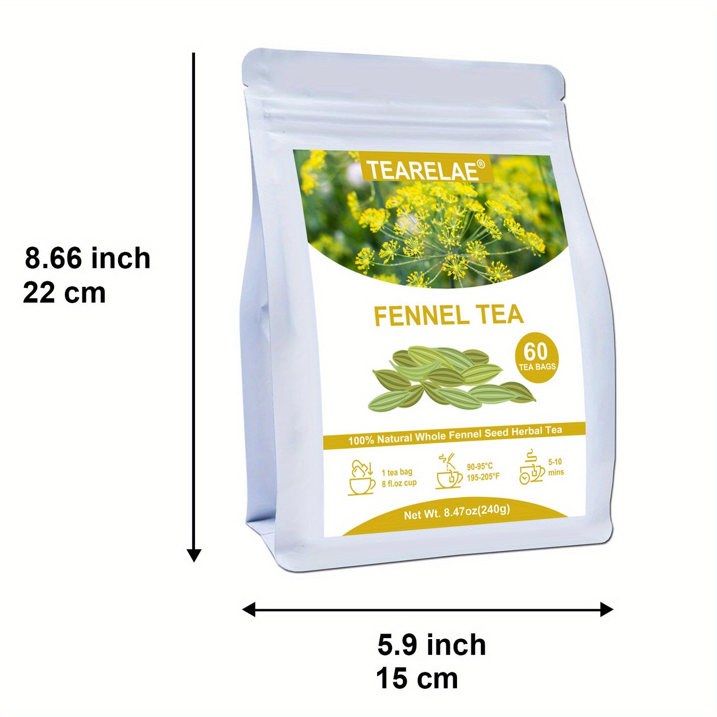TEARELAE - Fennel Tea - Caffeine-free Tea - Premium Whole Fennel Seeds Tea Bags - 8.47 oz (4g X 60 Bags)