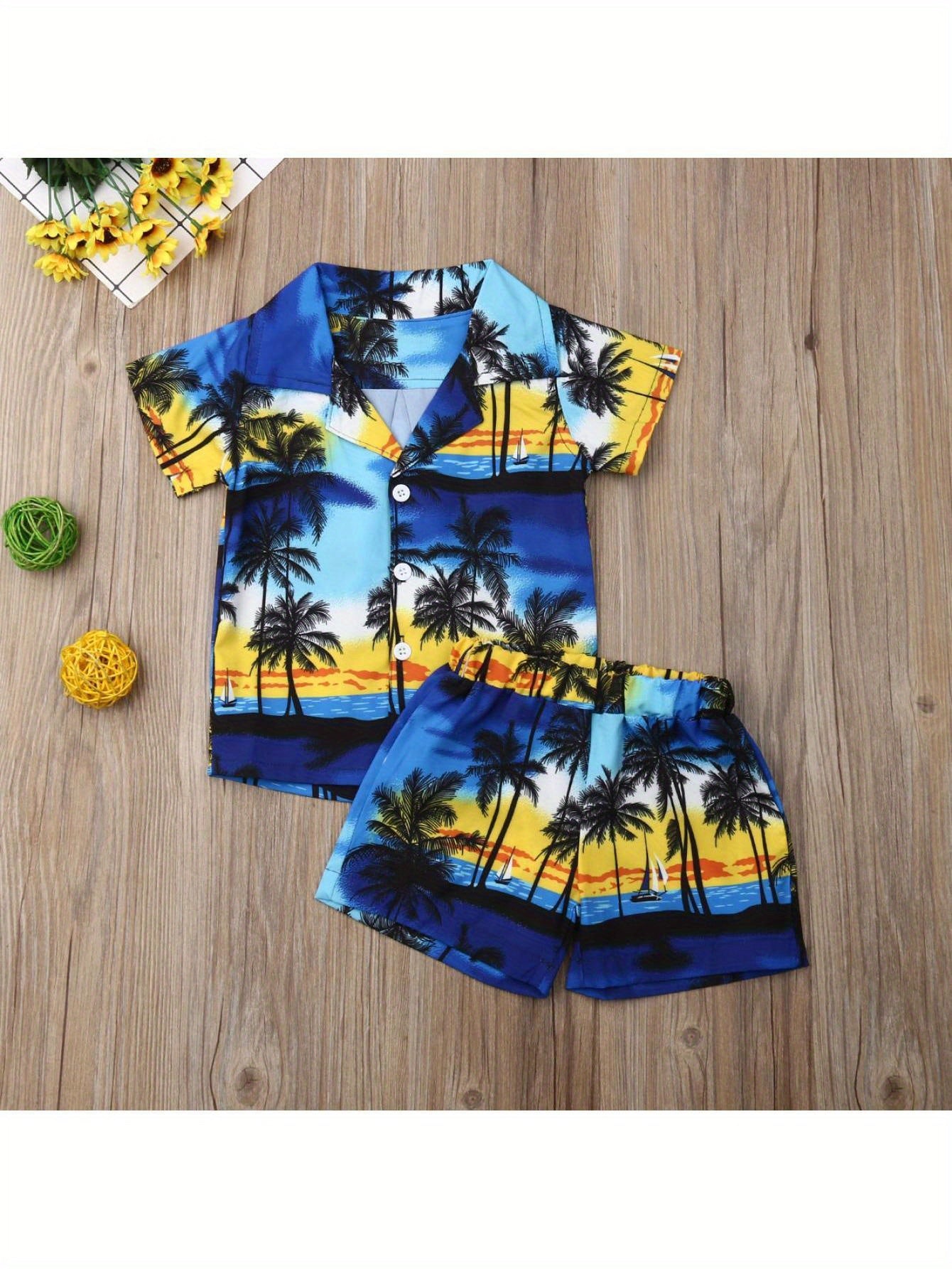 Toddler Baby Boys 2pcs SummerOutfits Tree Print Button Shirt Short Sleeve Tops + Elastic Waist Short Pants Set Vocation Holiday Beach Clothes, for Outdoor