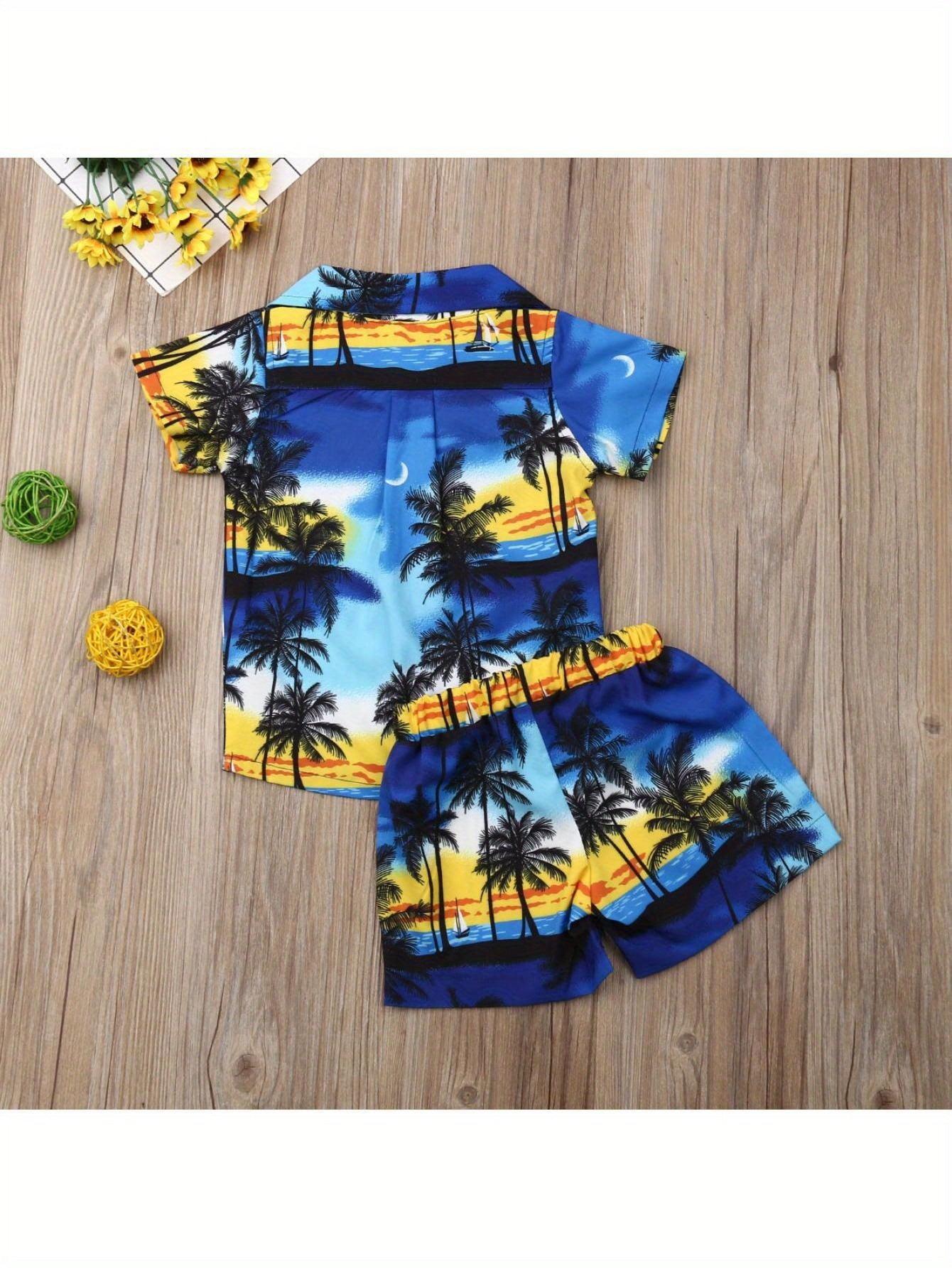 Toddler Baby Boys 2pcs SummerOutfits Tree Print Button Shirt Short Sleeve Tops + Elastic Waist Short Pants Set Vocation Holiday Beach Clothes, for Outdoor