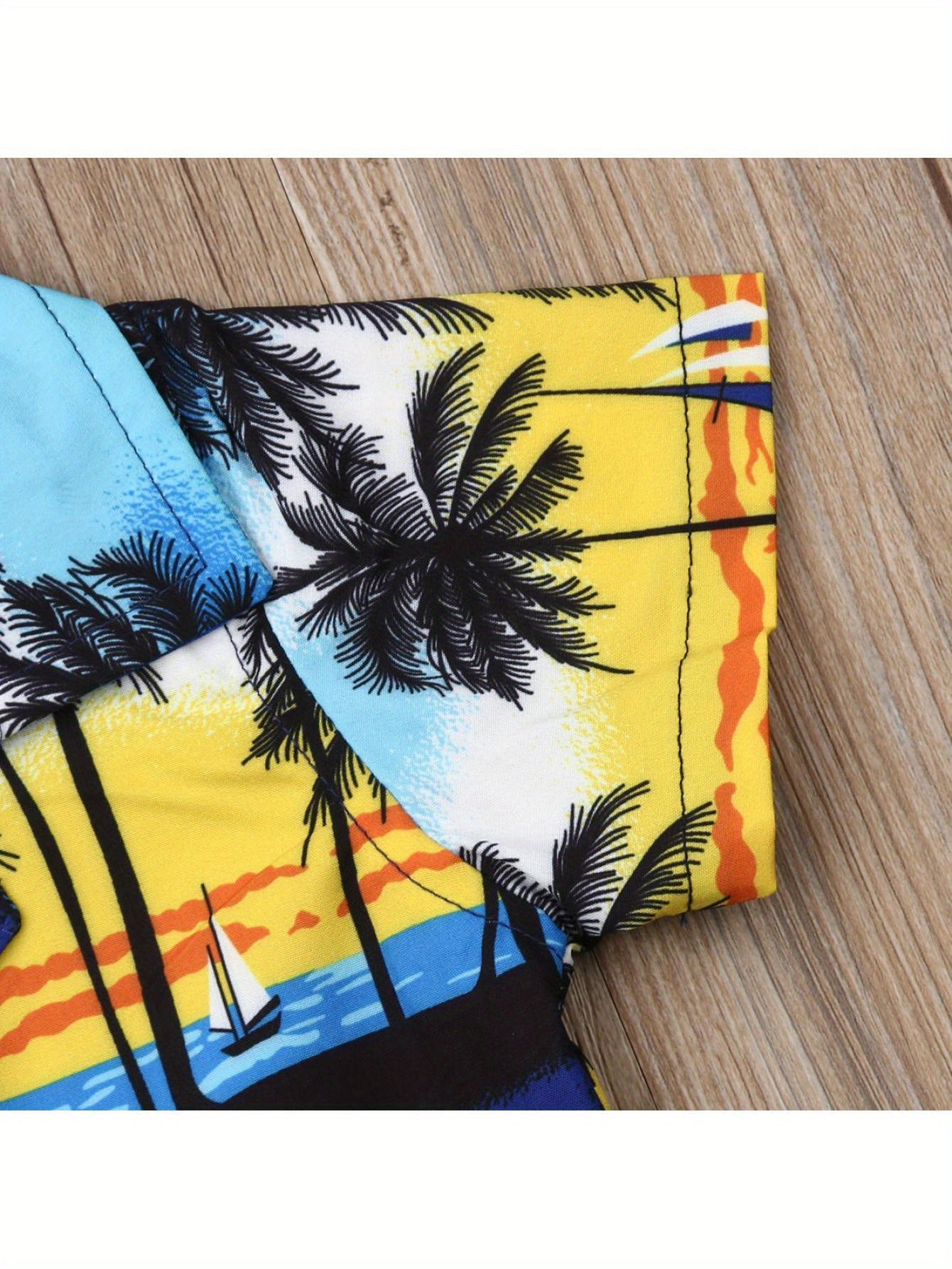 Toddler Baby Boys 2pcs SummerOutfits Tree Print Button Shirt Short Sleeve Tops + Elastic Waist Short Pants Set Vocation Holiday Beach Clothes, for Outdoor
