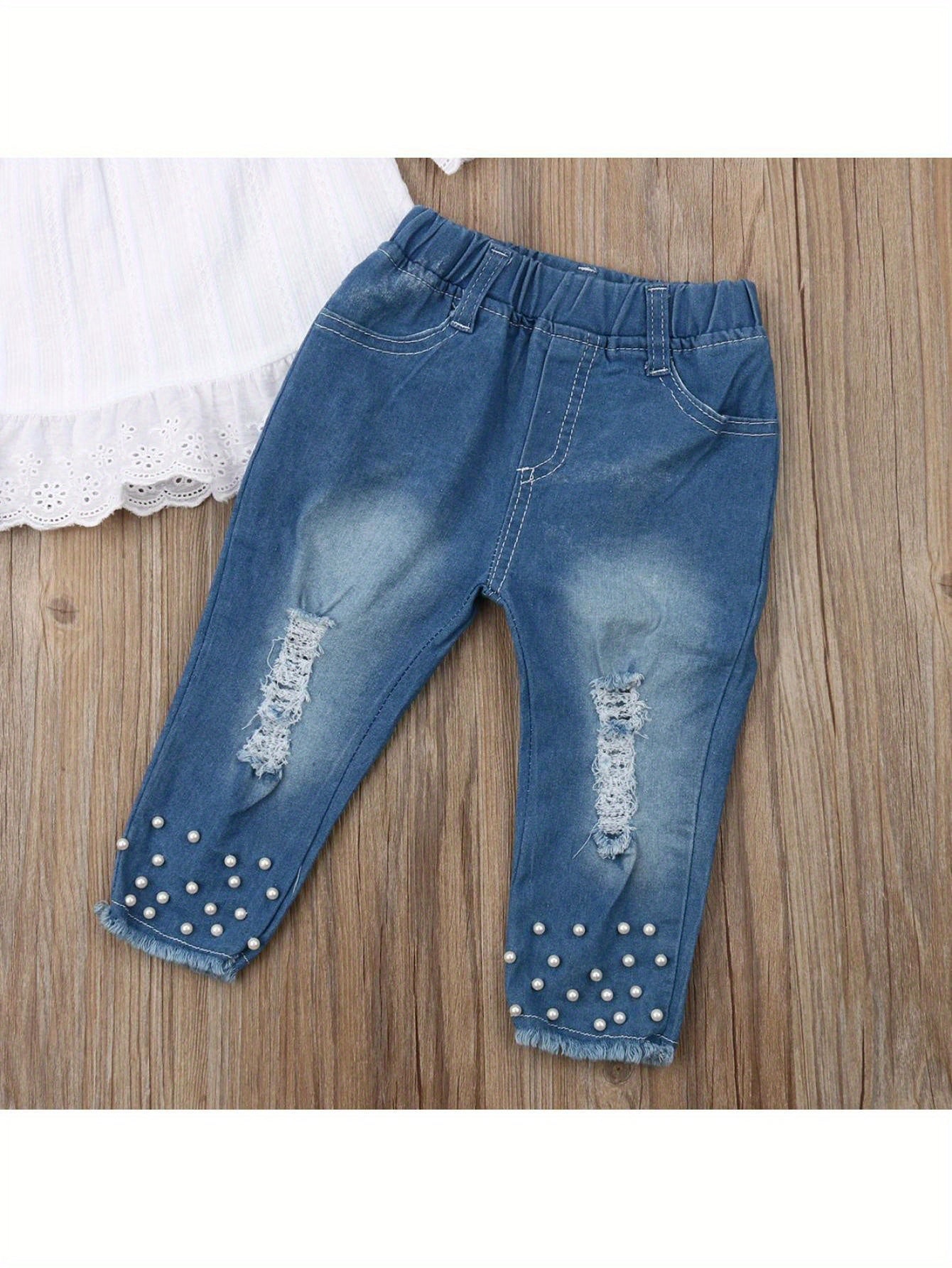 1-6 Years Toddler Girl Denim Pant Clothes Set 2pcs Off Shoulder Tops+Beading Denim Pants Baby Summer Outfits, for Outdoor