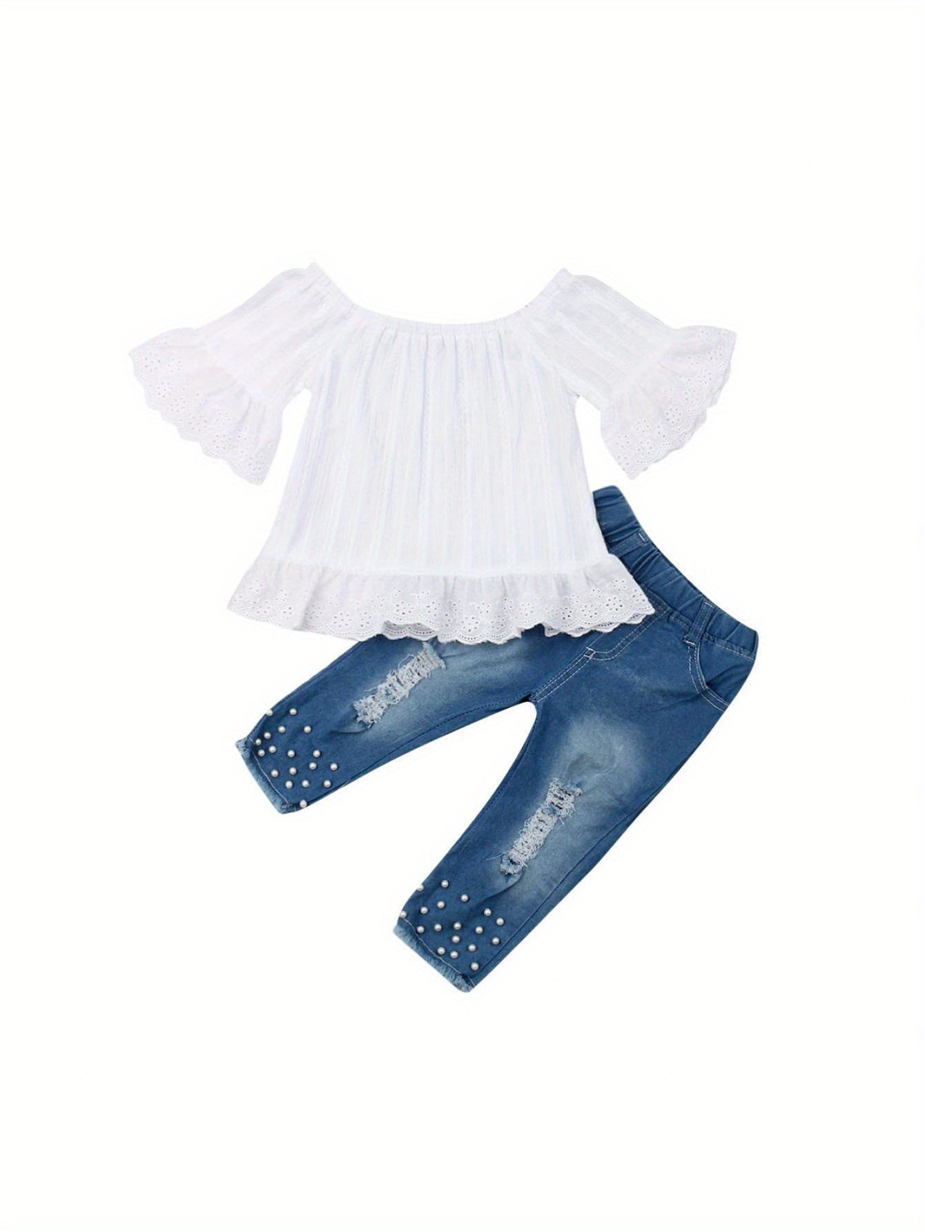 1-6 Years Toddler Girl Denim Pant Clothes Set 2pcs Off Shoulder Tops+Beading Denim Pants Baby Summer Outfits, for Outdoor