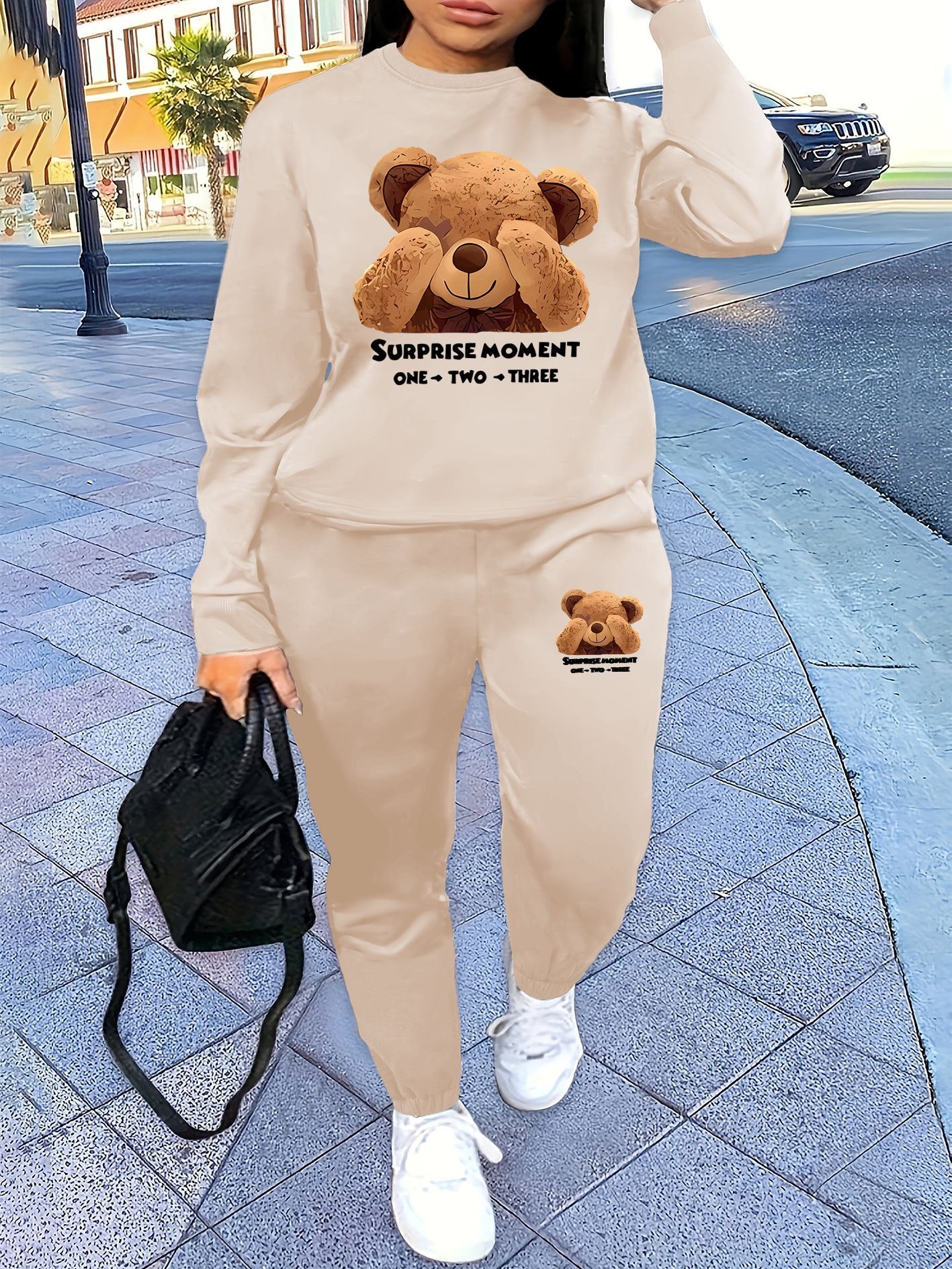 Bear Print Two Piece Set, Crew Neck Sweatshirt & Pants, Women's Clothing