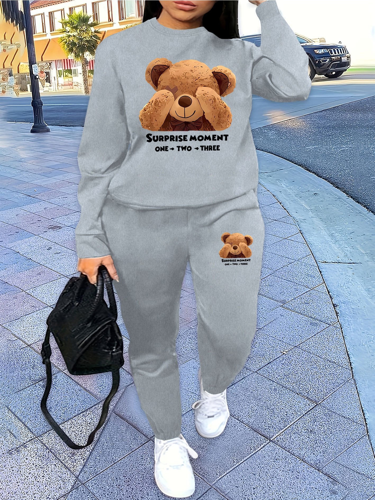 Bear Print Two Piece Set, Crew Neck Sweatshirt & Pants, Women's Clothing