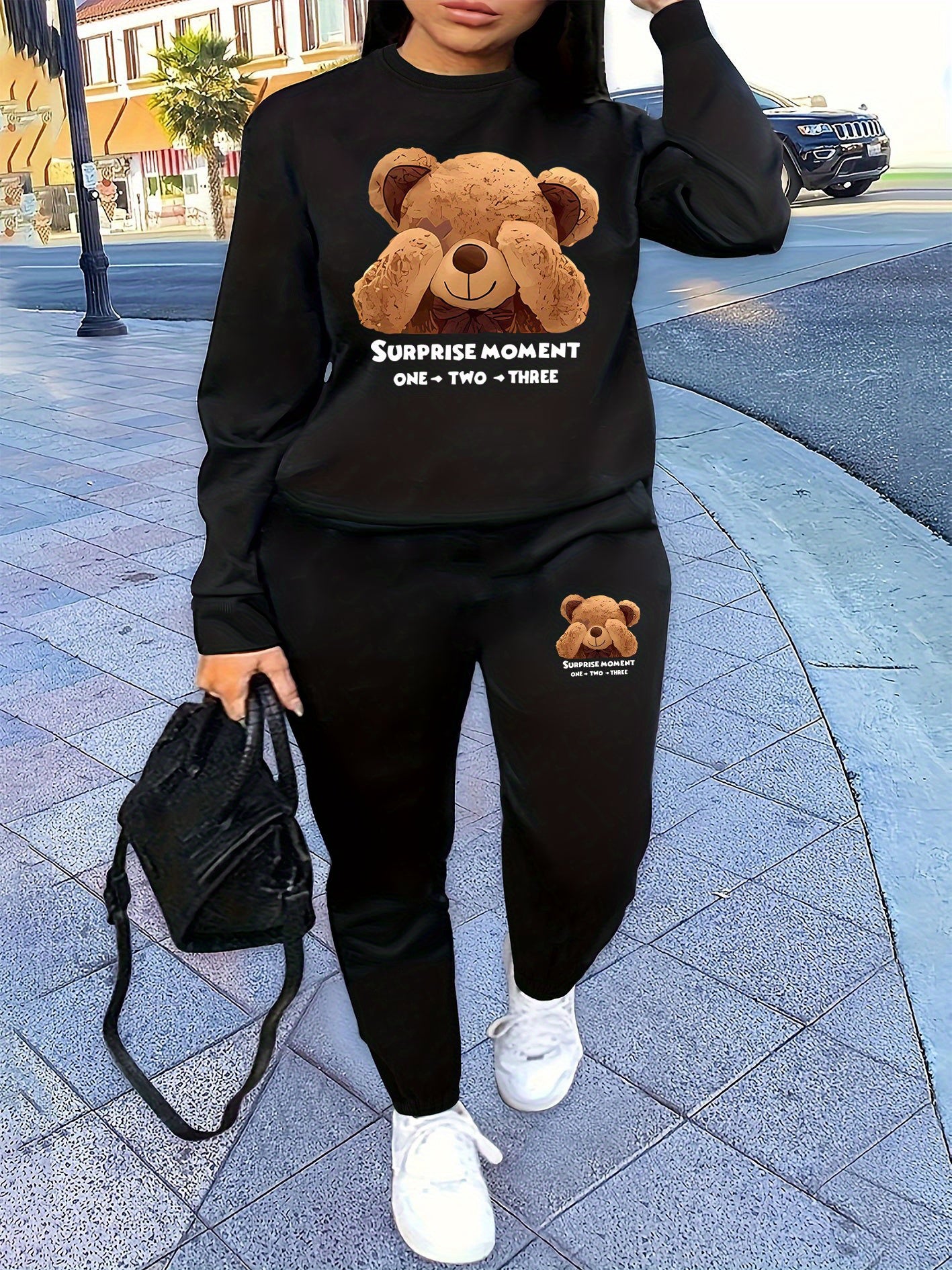 Bear Print Two Piece Set, Crew Neck Sweatshirt & Pants, Women's Clothing