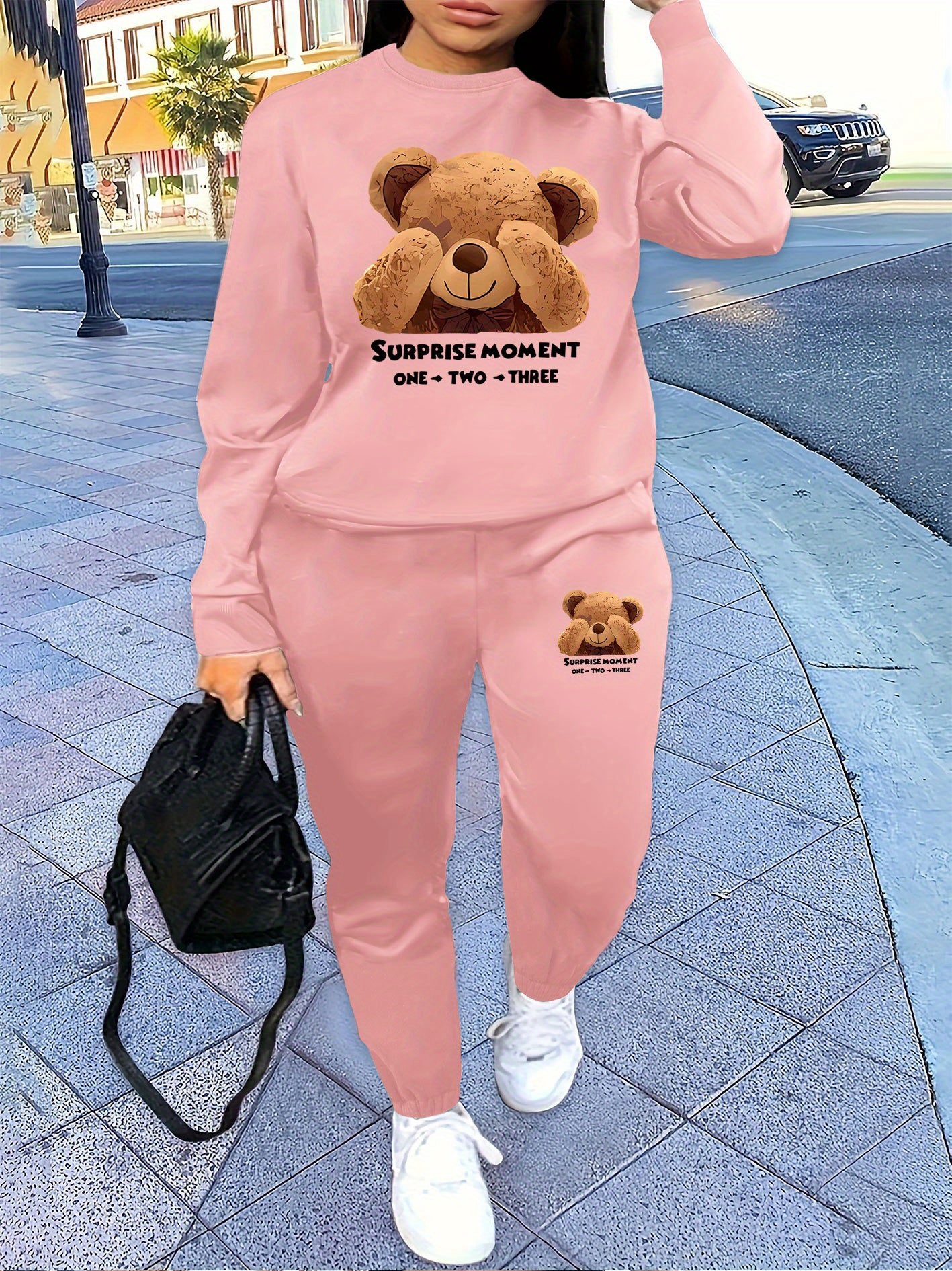 Bear Print Two Piece Set, Crew Neck Sweatshirt & Pants, Women's Clothing