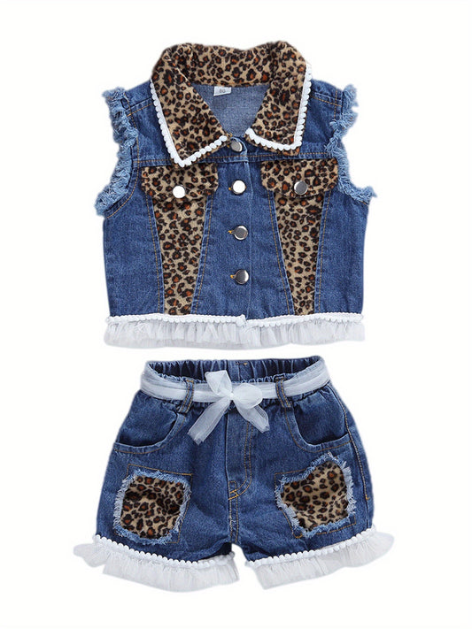Girlacute;s Summer Outfit Sets Sleeveless Leopard Print Denim Top + Leopard Print Denim Shorts, Perfect for Outdoor