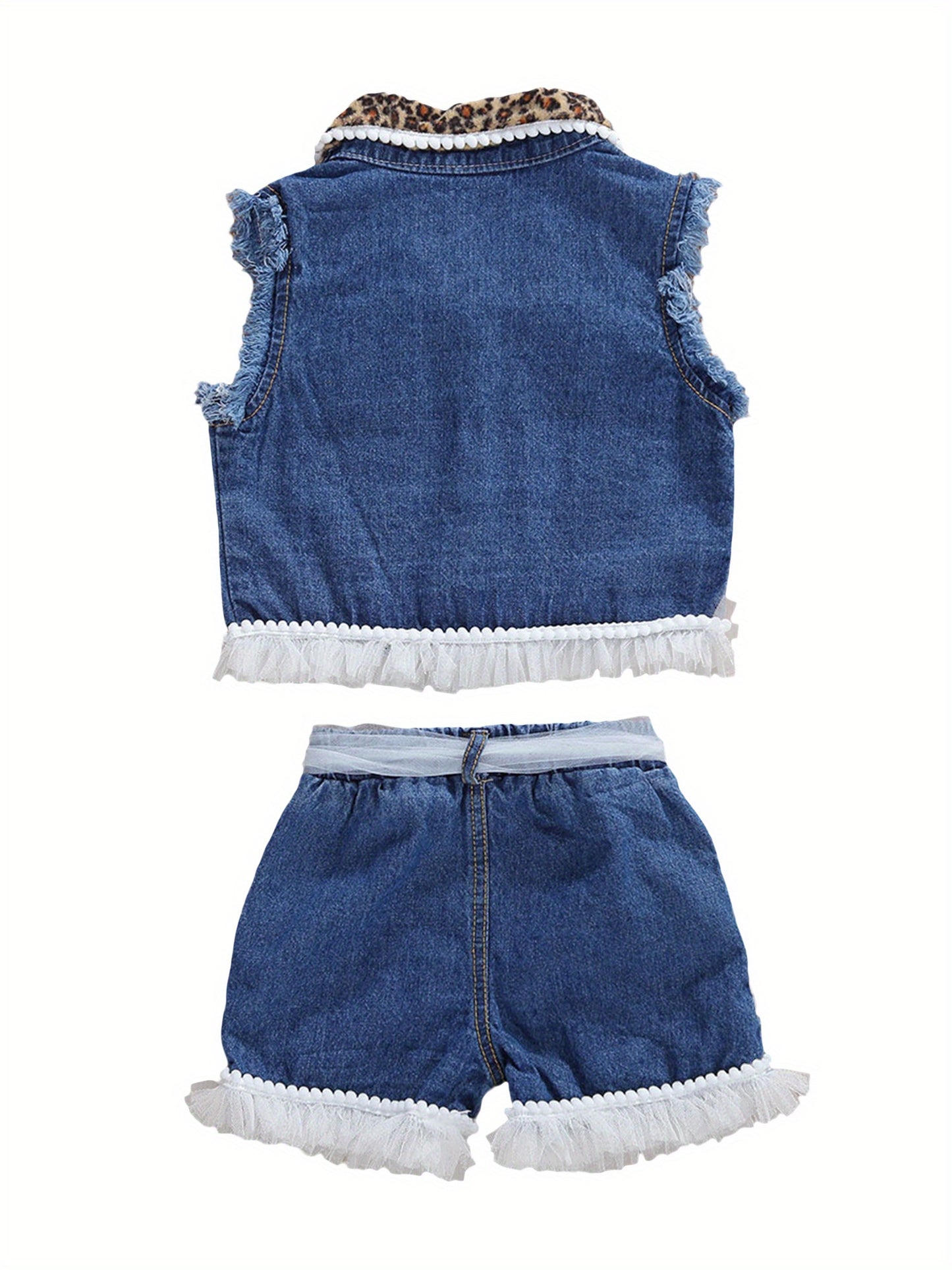 Girlacute;s Summer Outfit Sets Sleeveless Leopard Print Denim Top + Leopard Print Denim Shorts, Perfect for Outdoor