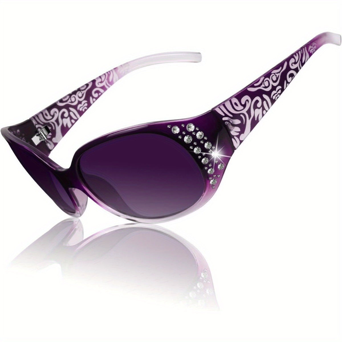 Trendy Glasses for Women - Fashionable Rhinestone-Embellished Cat-Eye Glasses with Purple Floral Design, Lightweight & Durable Frames for Beach, Driving, Outdoor Activities, Street Style, Photoshoot, Luxury Vacation Essential