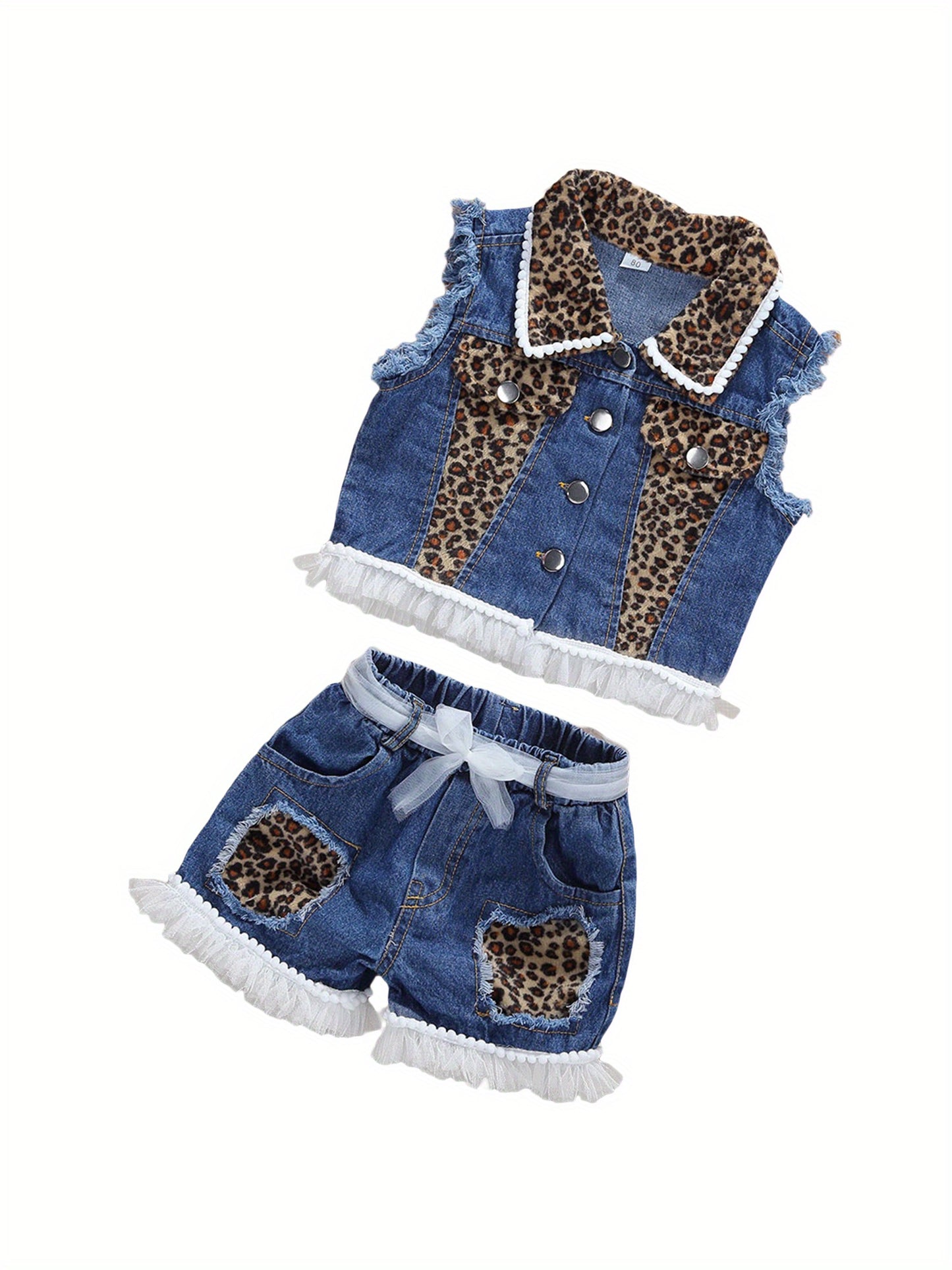 Girlacute;s Summer Outfit Sets Sleeveless Leopard Print Denim Top + Leopard Print Denim Shorts, Perfect for Outdoor