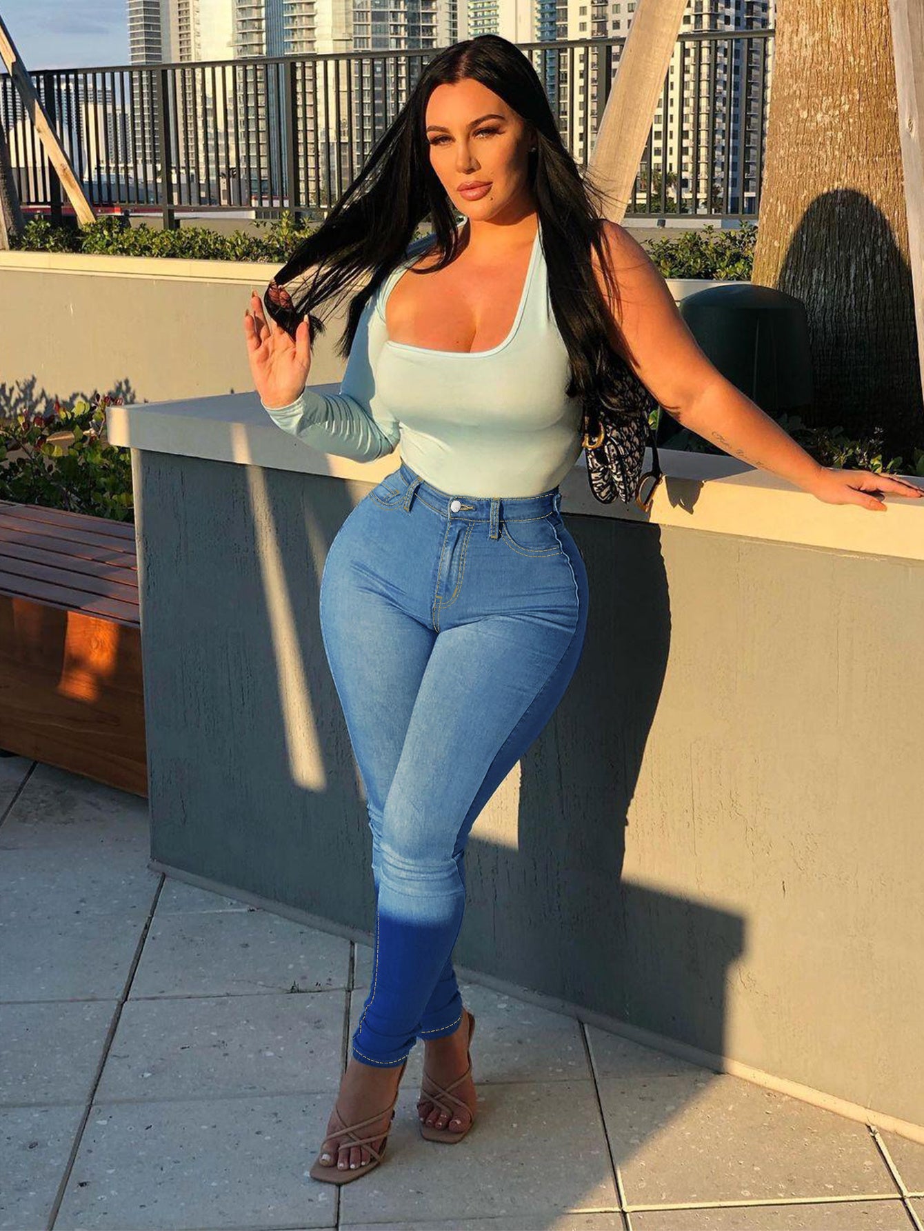 [Plus Size Skinny Jeans] Plus Size High Rise Elastic Waistband Skinny Jeans - Women's Casual Plain Washed Blue Denim Pants