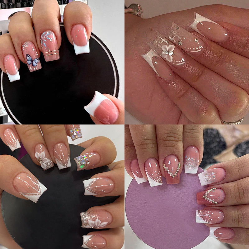 96pcs, 4 Sets of Medium Square Pressed Nail Fake Nails, Glossy Nail Glue, White Acrylic Nails, Spring Flower Patterns, Artificial Nails, Summer Shiny Fake Nail Design