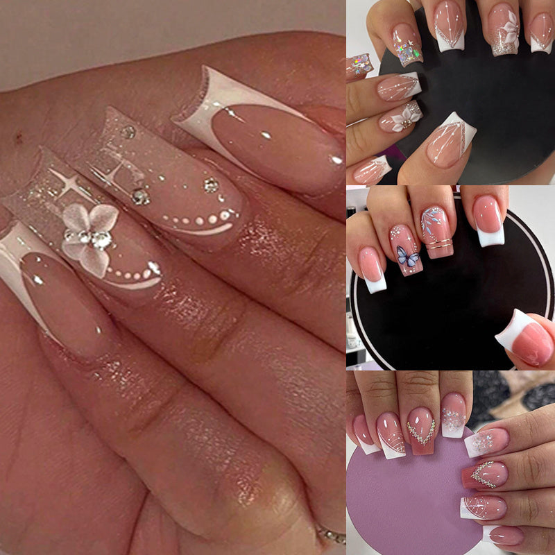 96pcs, 4 Sets of Medium Square Pressed Nail Fake Nails, Glossy Nail Glue, White Acrylic Nails, Spring Flower Patterns, Artificial Nails, Summer Shiny Fake Nail Design