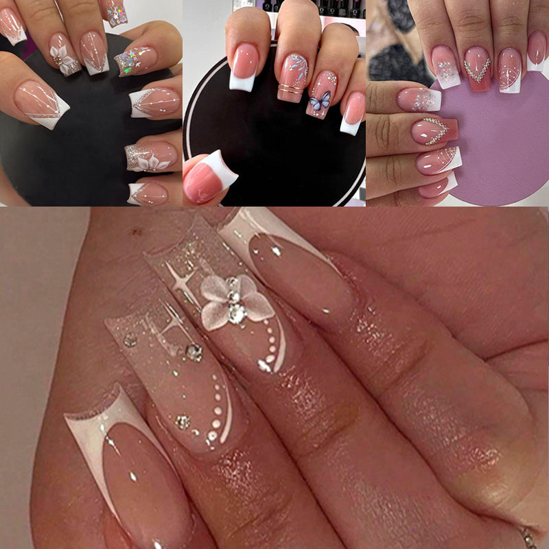 96pcs, 4 Sets of Medium Square Pressed Nail Fake Nails, Glossy Nail Glue, White Acrylic Nails, Spring Flower Patterns, Artificial Nails, Summer Shiny Fake Nail Design
