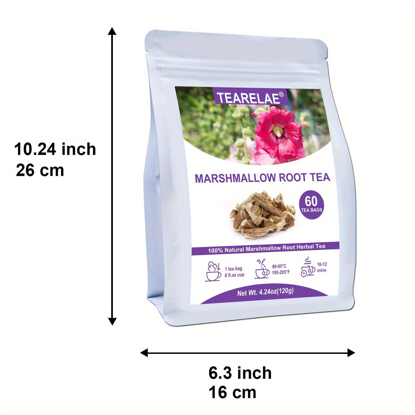 TEARELAE Premium Marshmallow Root Tea Bags - Caffeine-Free, Natural Herbal Blend for Soothing & Refreshing Sips - 4.24oz (60 Count)