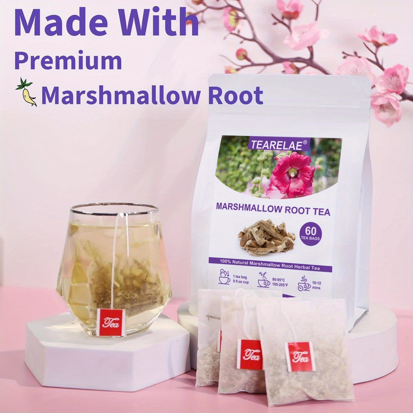 TEARELAE Premium Marshmallow Root Tea Bags - Caffeine-Free, Natural Herbal Blend for Soothing & Refreshing Sips - 4.24oz (60 Count)