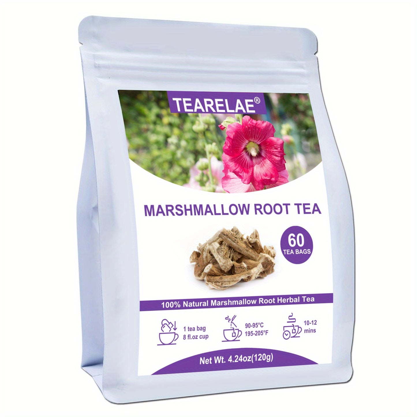 TEARELAE Premium Marshmallow Root Tea Bags - Caffeine-Free, Natural Herbal Blend for Soothing & Refreshing Sips - 4.24oz (60 Count)
