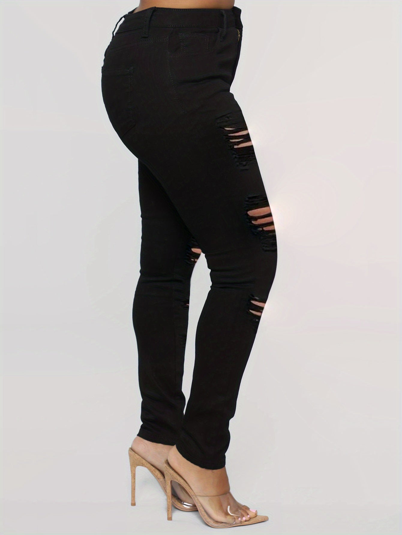 Plus Size Sexy Jeans, Women's Plus Ripped Button Fly Skinny High Stretch Slimming Jeans