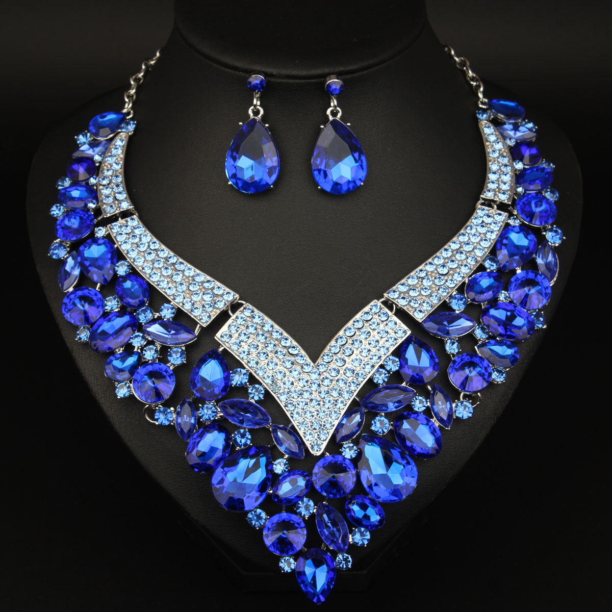 Rhinestone Necklace and Earring Set for Women, Perfect Bridal Accessories for Wedding day and Bridesmaids, Elegant Crystal Set for Brides, Ideal for Special Formal Occasions, White, Blue, Golden