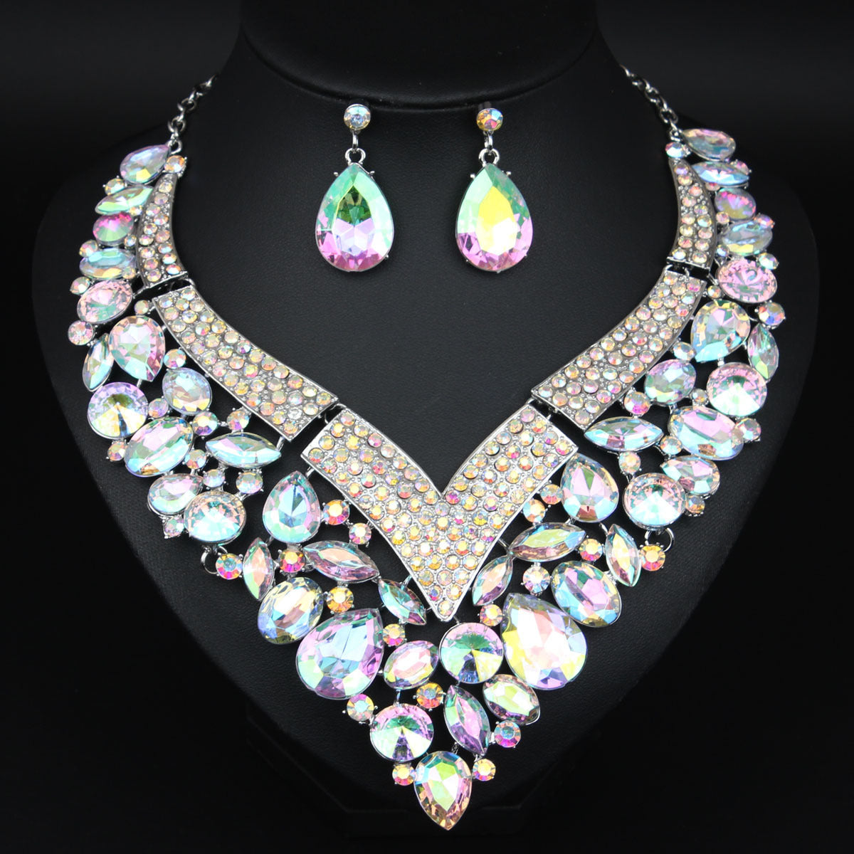 Rhinestone Necklace and Earring Set for Women, Perfect Bridal Accessories for Wedding day and Bridesmaids, Elegant Crystal Set for Brides, Ideal for Special Formal Occasions, White, Blue, Golden