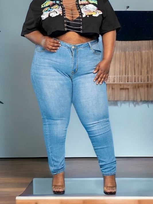 Plus Size Women's Stretchy Light Washed Blue Denim Jeans - Relaxed Fit Casual Pants with Zipper & Button Closure, Machine Washable All-Season Comfort, Comfortable Fabric