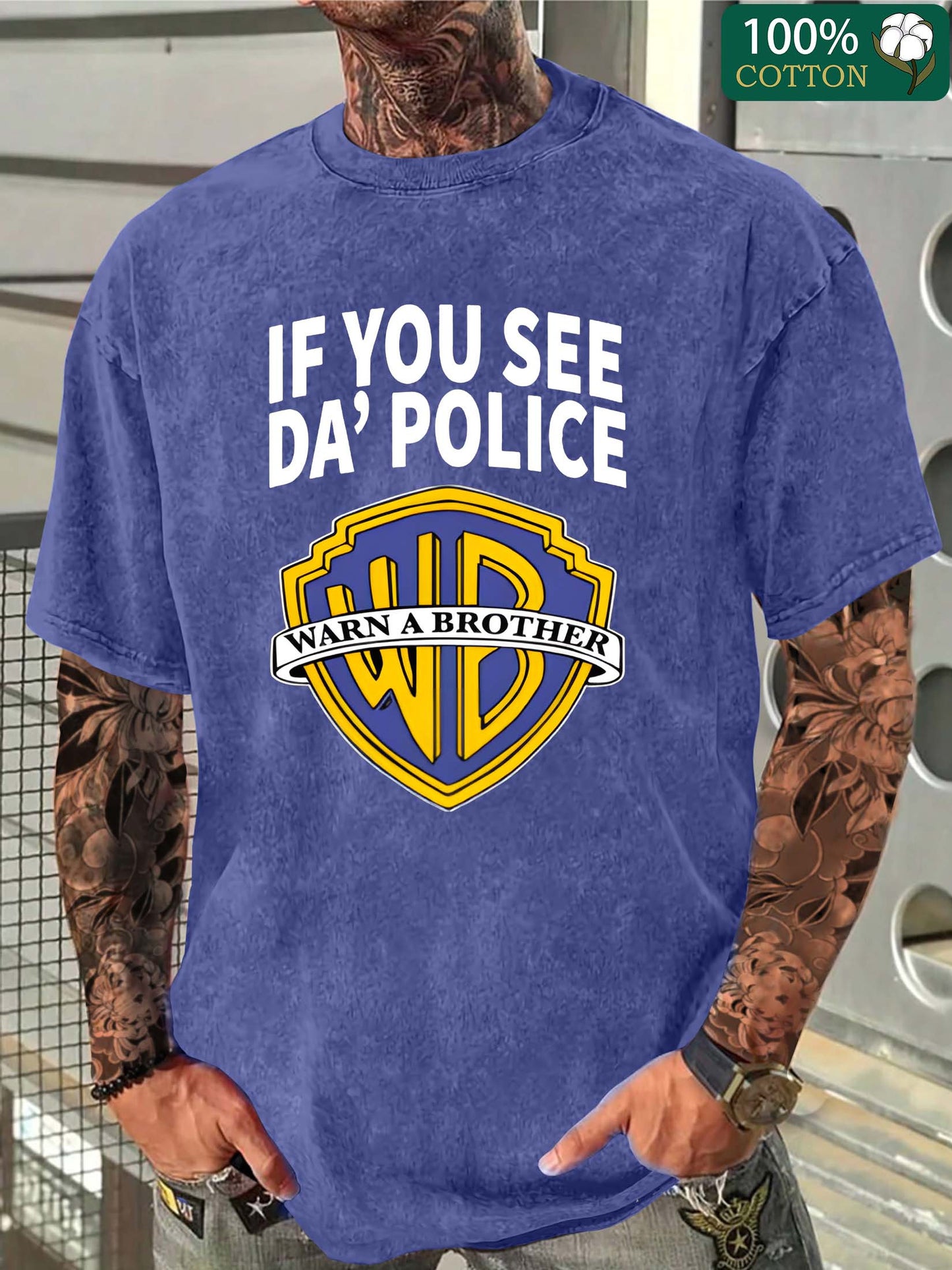 Men's "If You See Da Police" Graphic Cotton T-Shirt - Fun Pop Culture Twist, Distressed Washed Look, Casual Crew Neck Short Sleeve Tee, 230g Thick Cotton, Black with Yellow & White Logo Design, Everyday Clothing | Pop Culture