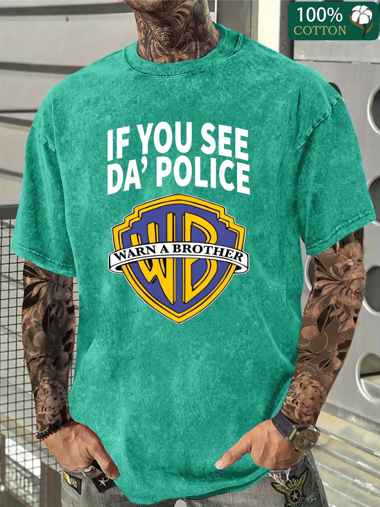 Men's "If You See Da Police" Graphic Cotton T-Shirt - Fun Pop Culture Twist, Distressed Washed Look, Casual Crew Neck Short Sleeve Tee, 230g Thick Cotton, Black with Yellow & White Logo Design, Everyday Clothing | Pop Culture
