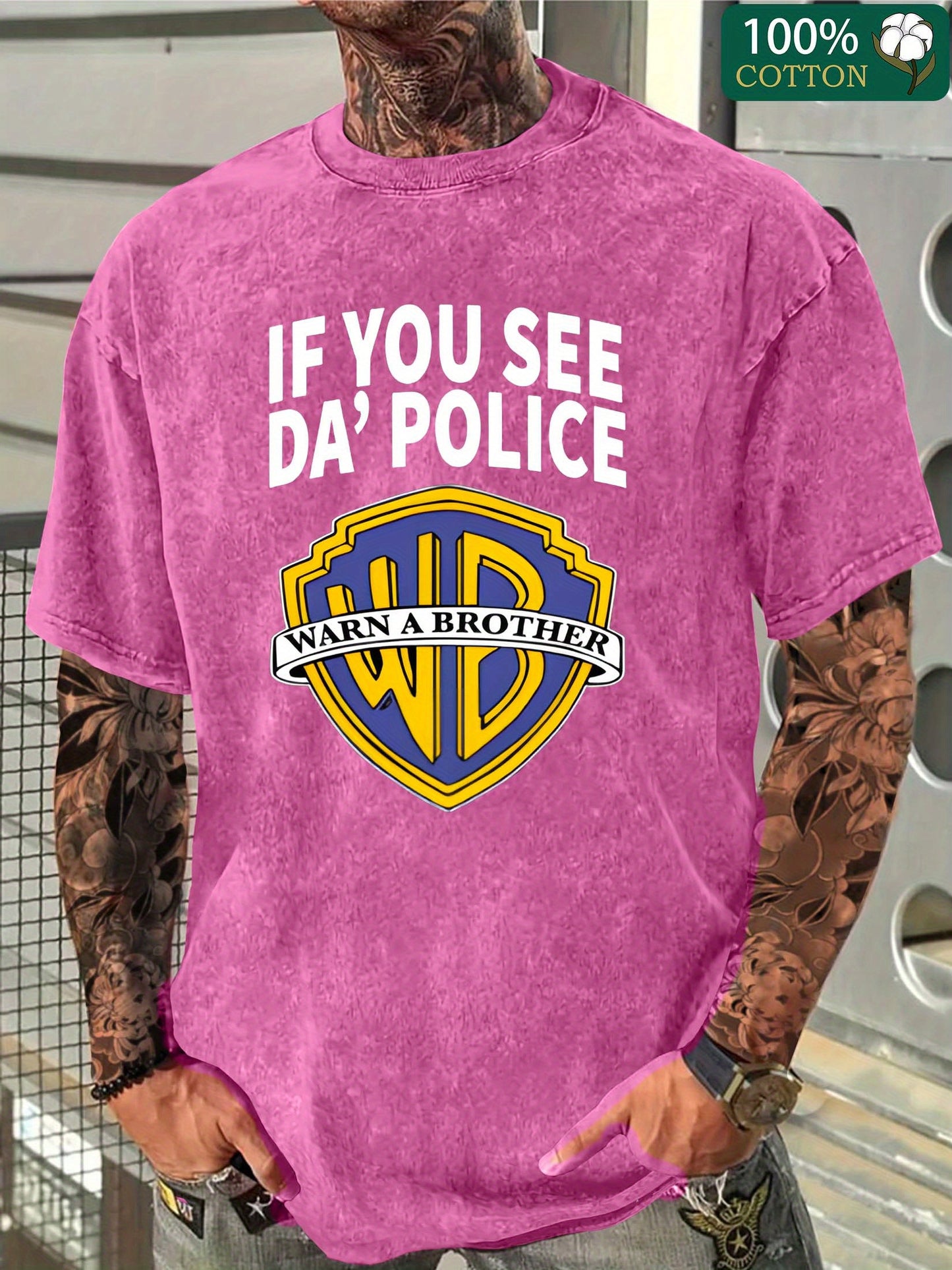 Men's "If You See Da Police" Graphic Cotton T-Shirt - Fun Pop Culture Twist, Distressed Washed Look, Casual Crew Neck Short Sleeve Tee, 230g Thick Cotton, Black with Yellow & White Logo Design, Everyday Clothing | Pop Culture