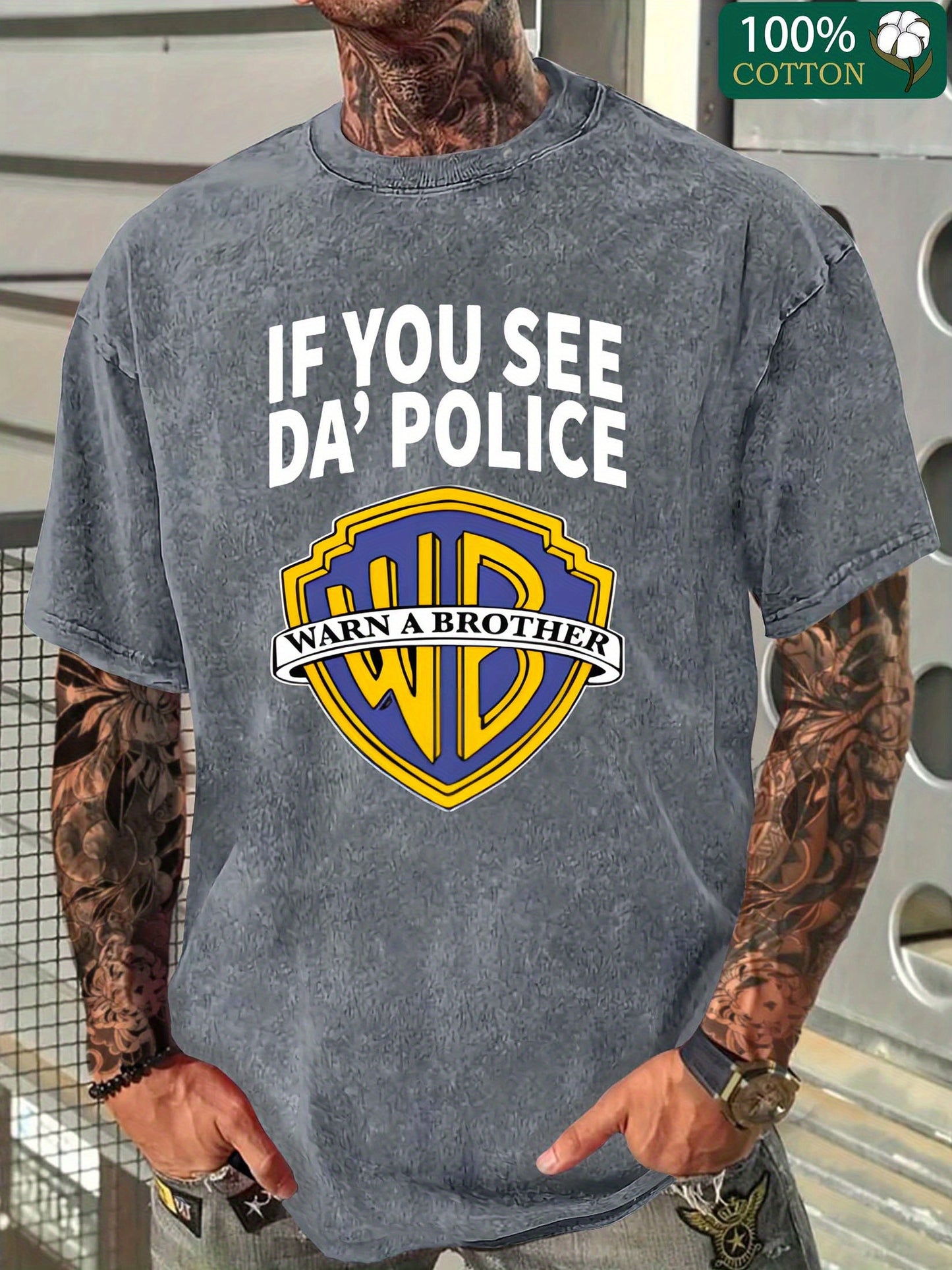 Men's "If You See Da Police" Graphic Cotton T-Shirt - Fun Pop Culture Twist, Distressed Washed Look, Casual Crew Neck Short Sleeve Tee, 230g Thick Cotton, Black with Yellow & White Logo Design, Everyday Clothing | Pop Culture