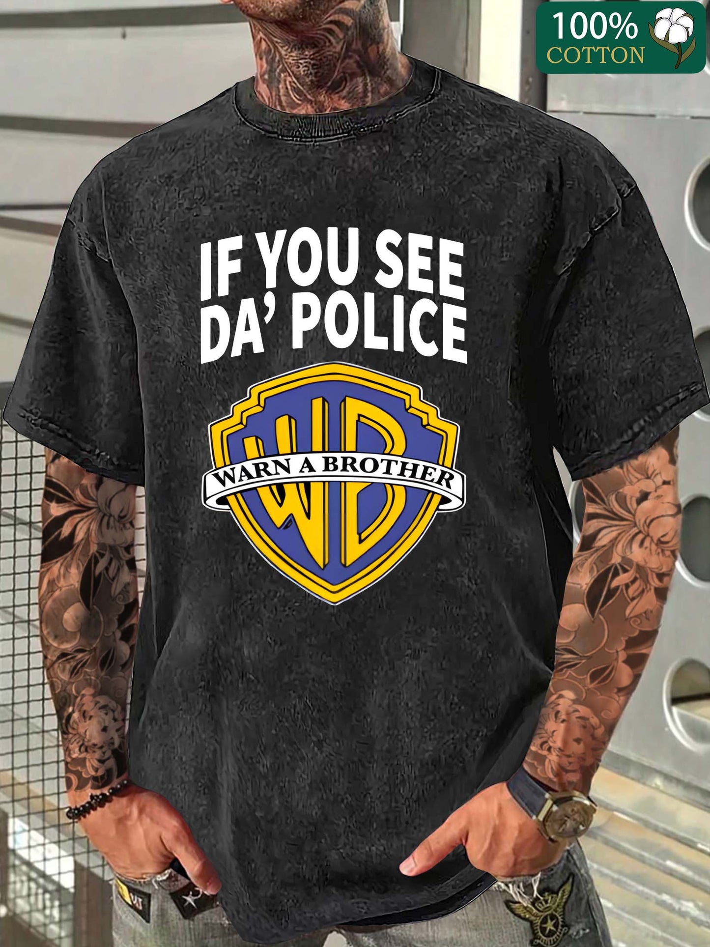 Men's "If You See Da Police" Graphic Cotton T-Shirt - Fun Pop Culture Twist, Distressed Washed Look, Casual Crew Neck Short Sleeve Tee, 230g Thick Cotton, Black with Yellow & White Logo Design, Everyday Clothing | Pop Culture