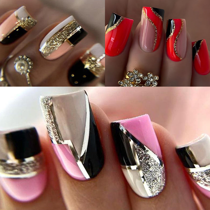 72PCS (3 PACK) Unique Red and Black Striped Nail Press - Medium Square, Smooth Surface, Silvery and Golden Shimmer Design, Suitable for Hand and Foot Care