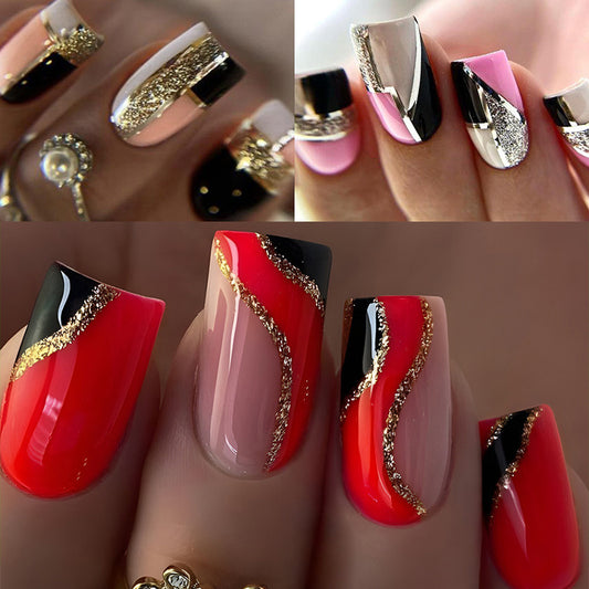 72PCS (3 PACK) Unique Red and Black Striped Nail Press - Medium Square, Smooth Surface, Silvery and Golden Shimmer Design, Suitable for Hand and Foot Care
