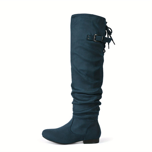 Elegant Women's Cover Over-the-Knee Boots - Teal Pointed Toe with Chunky Low Heel, Slip-Resistant Sole, Lace-Up & Buckle Detail - Cozy Winter Fashion Boots for Comfortable Walking, Perfect Christmas Gift, Comfortable Walking