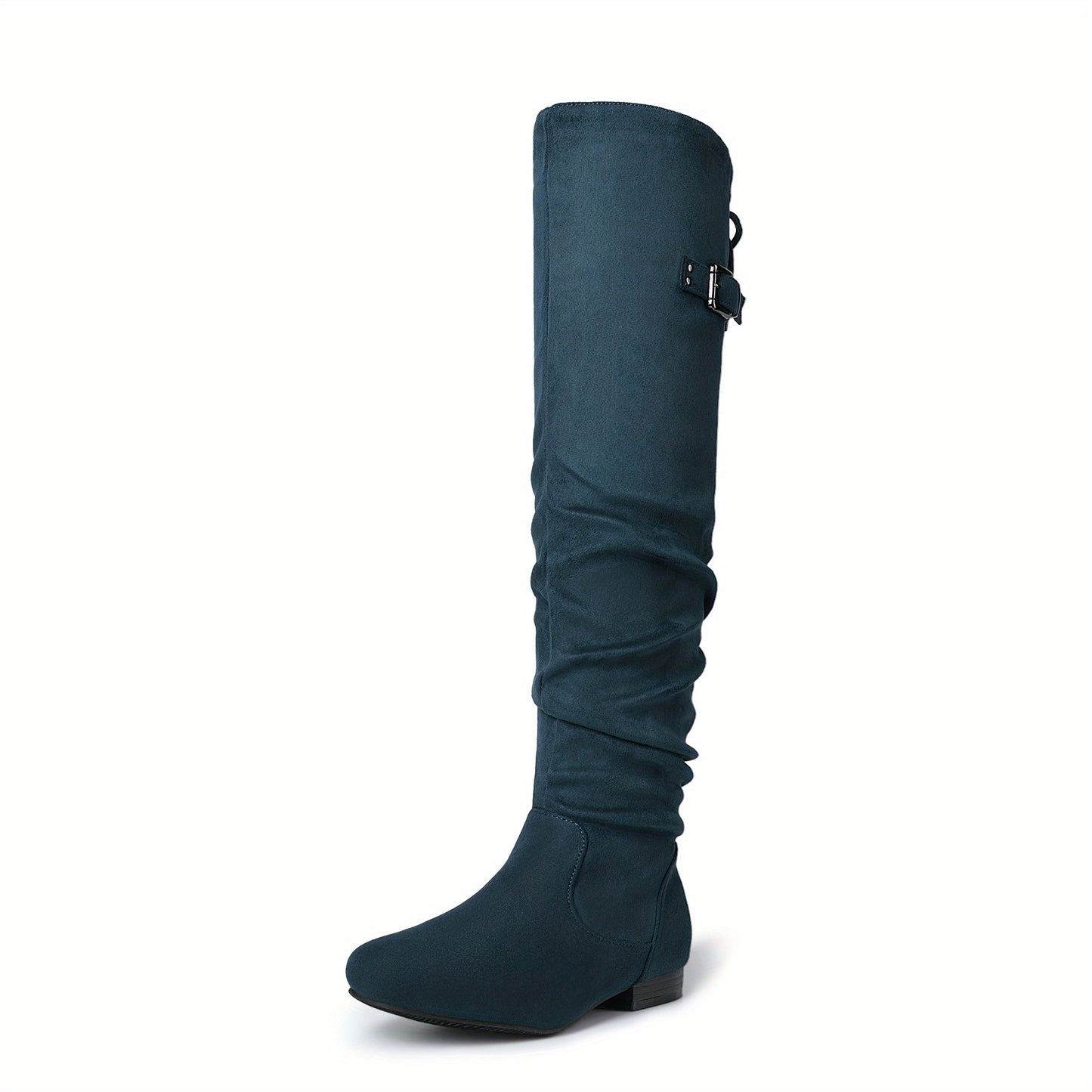 Elegant Women's Cover Over-the-Knee Boots - Teal Pointed Toe with Chunky Low Heel, Slip-Resistant Sole, Lace-Up & Buckle Detail - Cozy Winter Fashion Boots for Comfortable Walking, Perfect Christmas Gift, Comfortable Walking