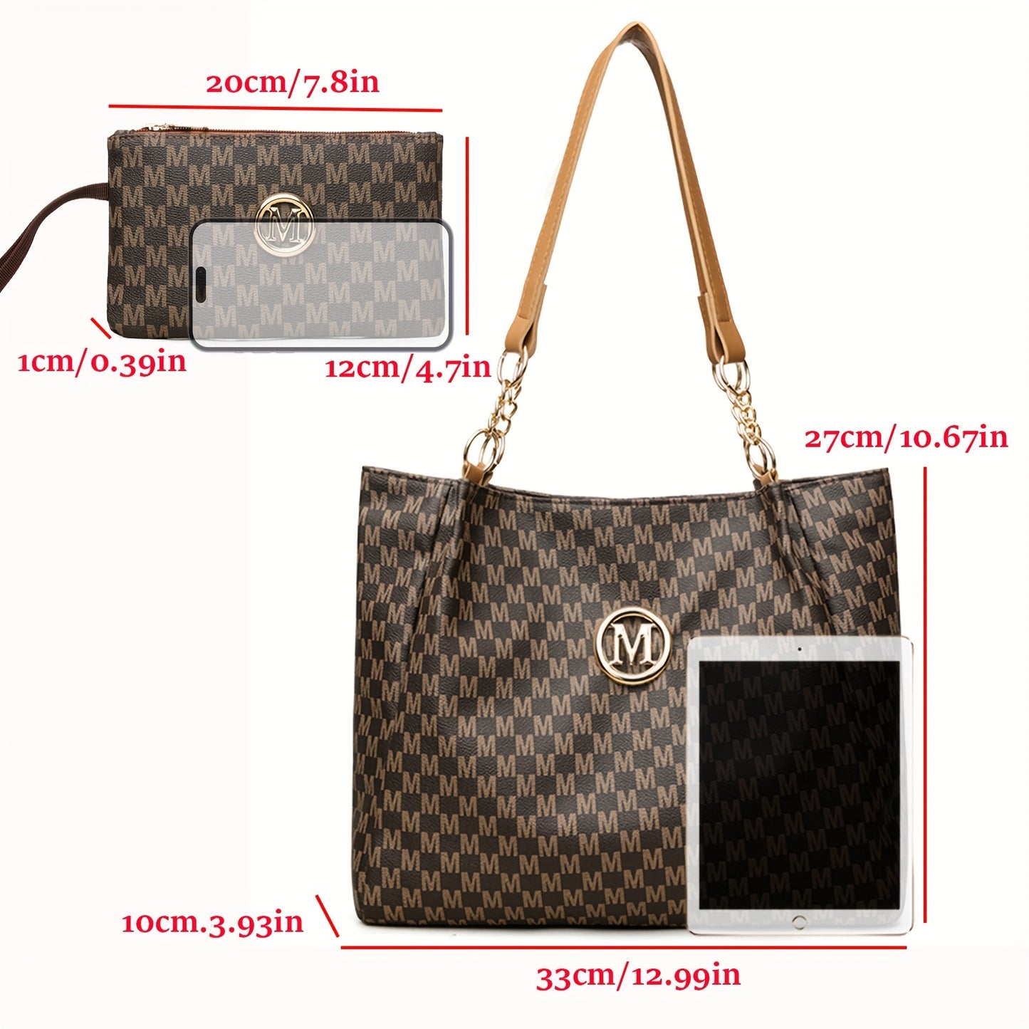 Perfect Lily "M" Logo Tote Bag - Elegant Black & White Checkered Shoulder Bag with Golden Hardware, Large Capacity for Daily Commute, Shopping, Travel - Ideal Gift for Women, Commute Bag|Checkered Pattern Bag|Durable Zippers,