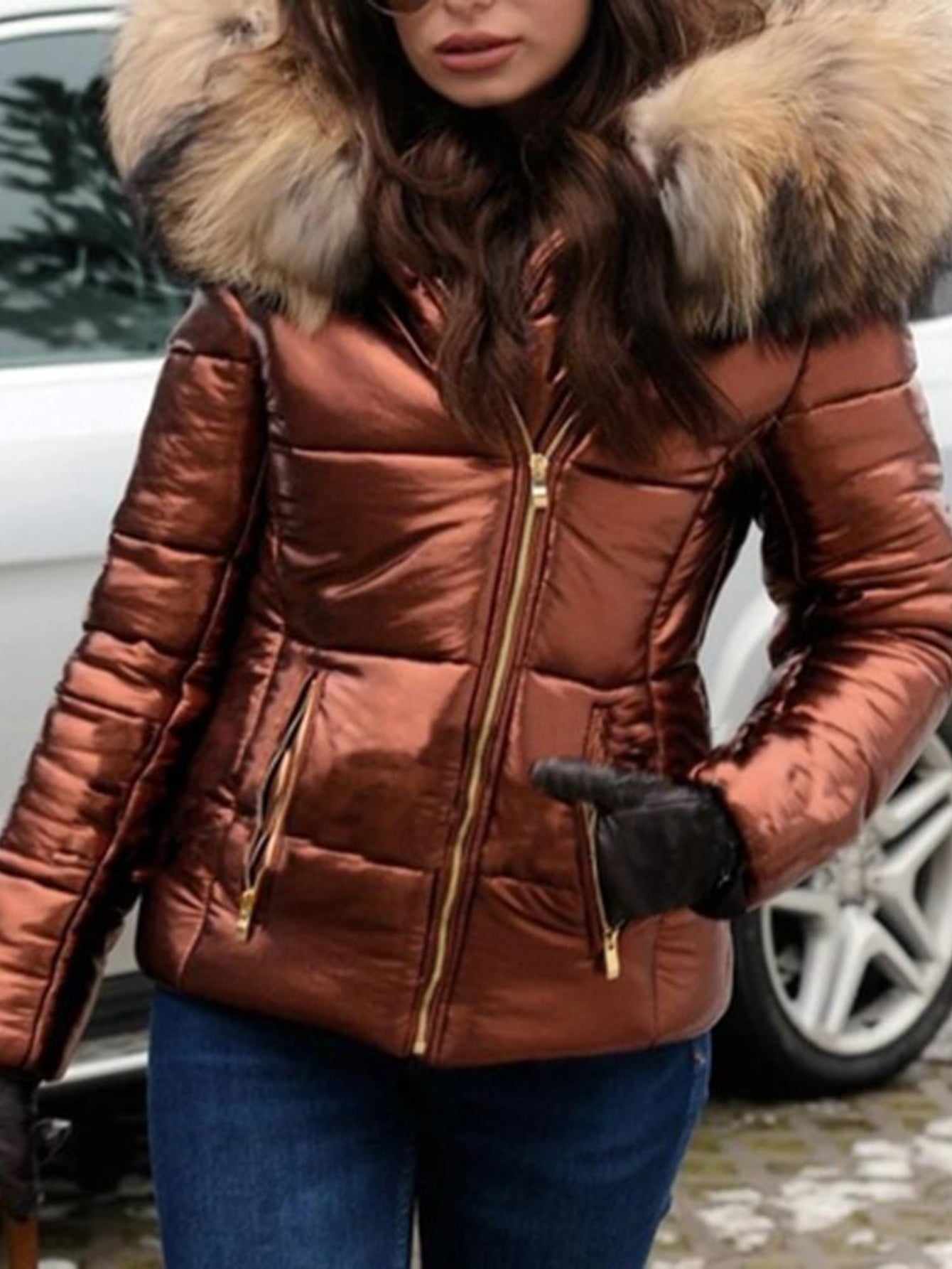 Plus Size - Plus Size - Plus Size Women'S Elegant Hooded Winter Jacket - European & American Style Warm Mid-Length Coat with Full-Zip Front Closure, Soft Pink Fur Collar & Long Sleeves, Cozy Insulated Outerwear for Fall/Winte