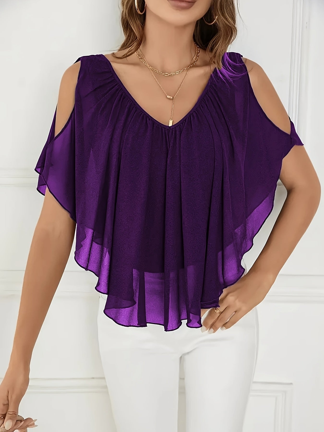 Plus Size - New Spring And Summer Plus-Size Women'S Solid Color Asymmetrical Hem Off-Shoulder Ruffled Chiffon Blouse