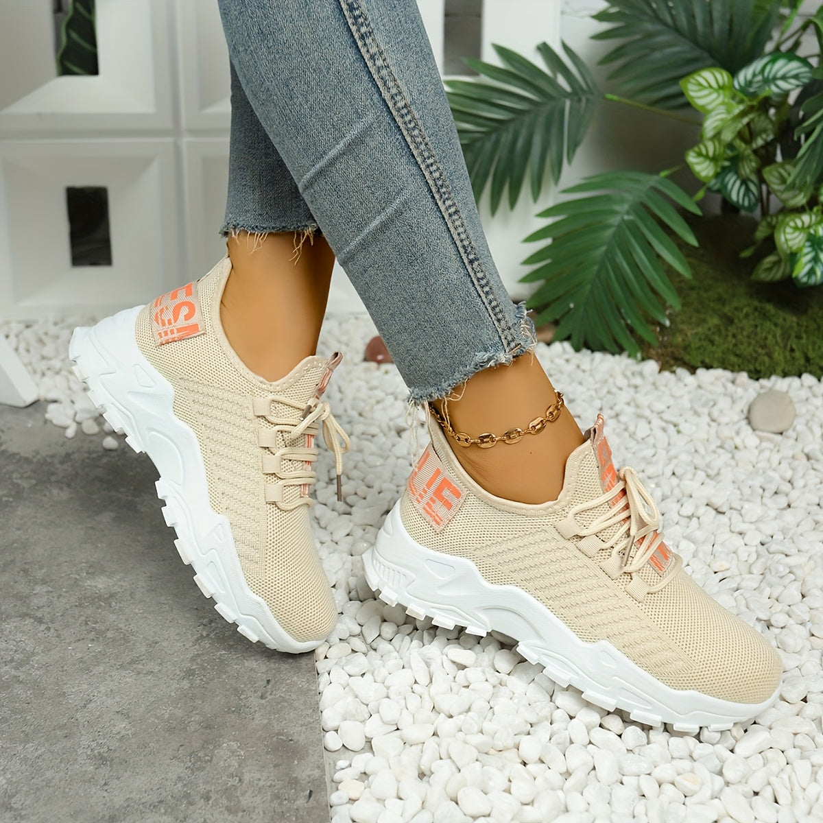 Women's Casual Sneakers, Shock-Absorbing Breathable Running Shoes, Knitted Lace-Up Women's Shoes, Suitable for Daily Commuting, Running, Travel, and Shopping