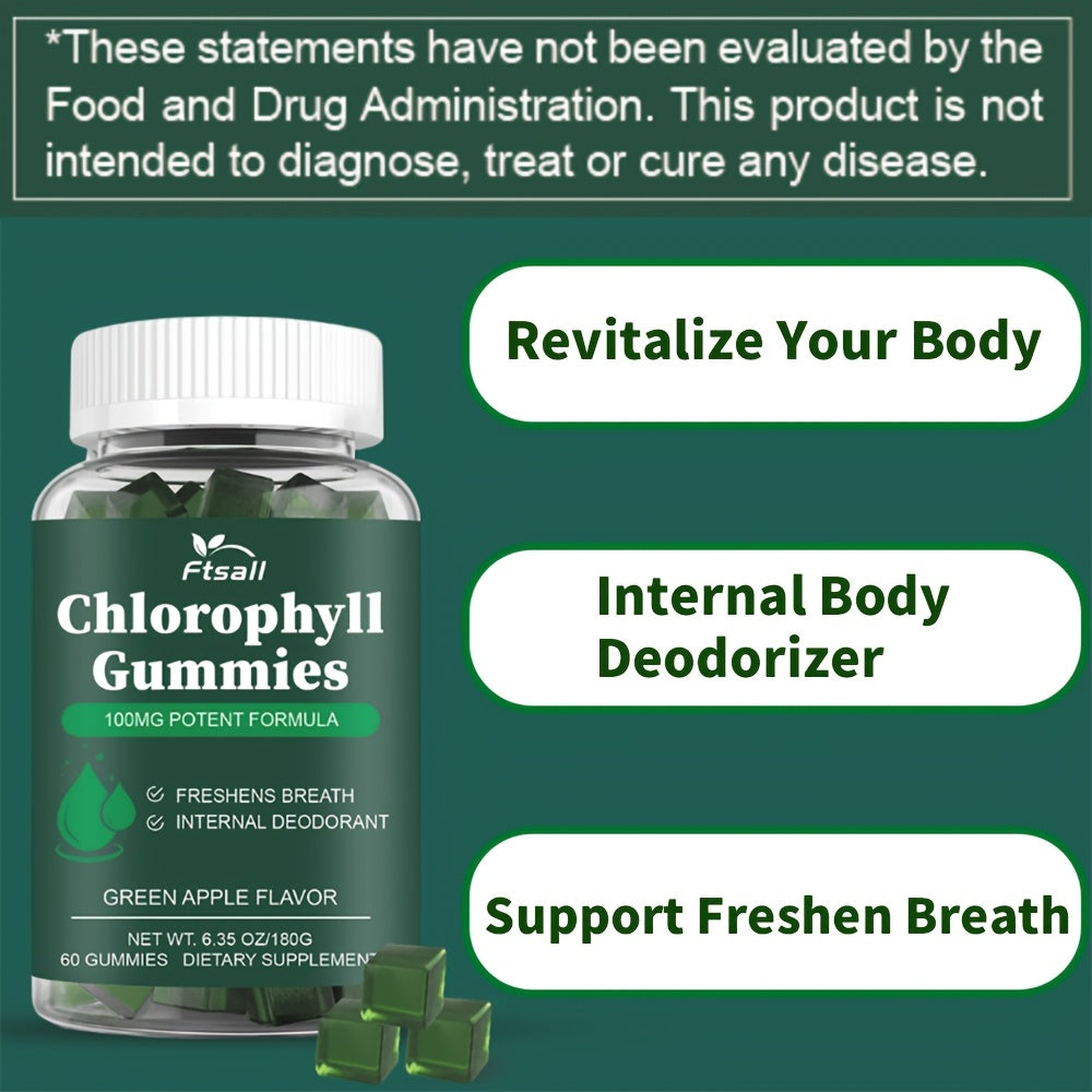 Ftsall Chlorophyll Gummies with Vitamin C, D3, E, B12, Zinc and lrish Sea Moss, Sambucus Elderberry, Echinacea, Apple Cider Vinegar, Freshens Breath Natural Body Deodorizing Supplement, Chlorophyll Herbal Gummies for Women Me