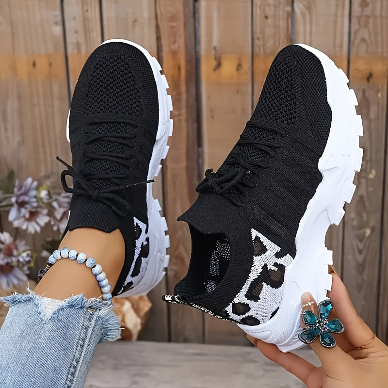 Women'S Shoes, Fashionable New Style, Mesh, Breathable Sports Shoes, Retro White Sneakers, Korean-Style, Casual Women'S Shoes, Leopard Print Embellishment, Running, Walking, Brisk Walking, Tennis, Outdoor