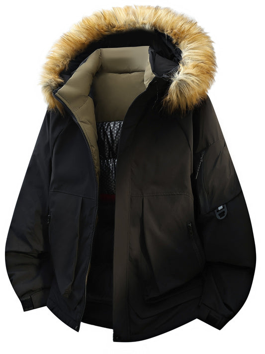 Winter Warm Plus Size Cold-Proof Jacket | Vintage Style, Hooded, Solid Color, Long Sleeve, Zipper Placket, Pocket Details, Fiber Filling, Loose Fit for Men