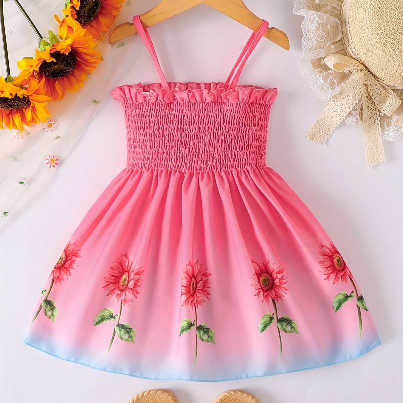 [Sunflower | Girls] Gradient Color Sunflower Princess Dress | Toddler Girls Shirred Cami Frill Trim | For Party Beach Vacation Kids Summer Clothes 4th Of July Outfit