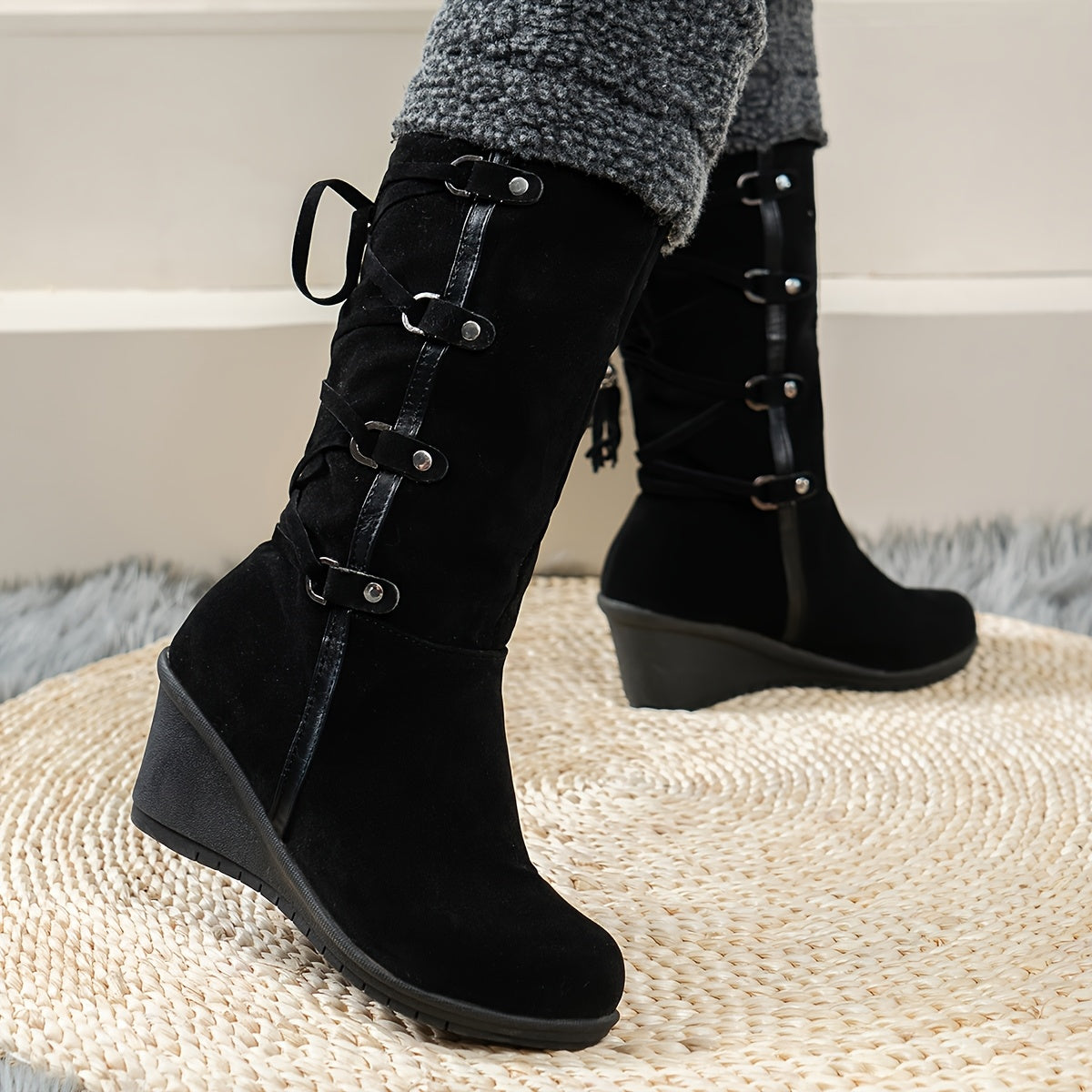 Women's Comfortable Black Mid-Calf Boots - Cozy Fabric Lining, Non-Slip Rubber Sole, Side Zipper, Tassel Accents for Stylish Winter Warmth