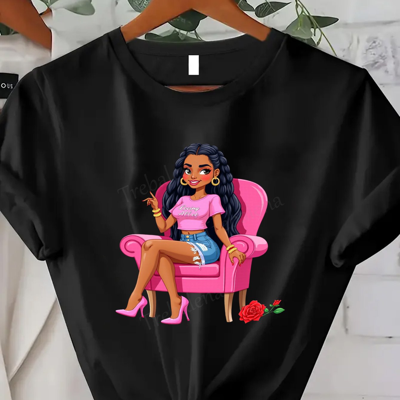 Plus Size, Trebalena Women's Plus Size Graphic T-Shirt - Sexy Curvy Lady in Pink Chair with Roses, Soft Breathable 100% Cotton Casual Everyday & Party Outfit - Perfect Halloween, Christmas, Birthday Gifts for Women - Non-See