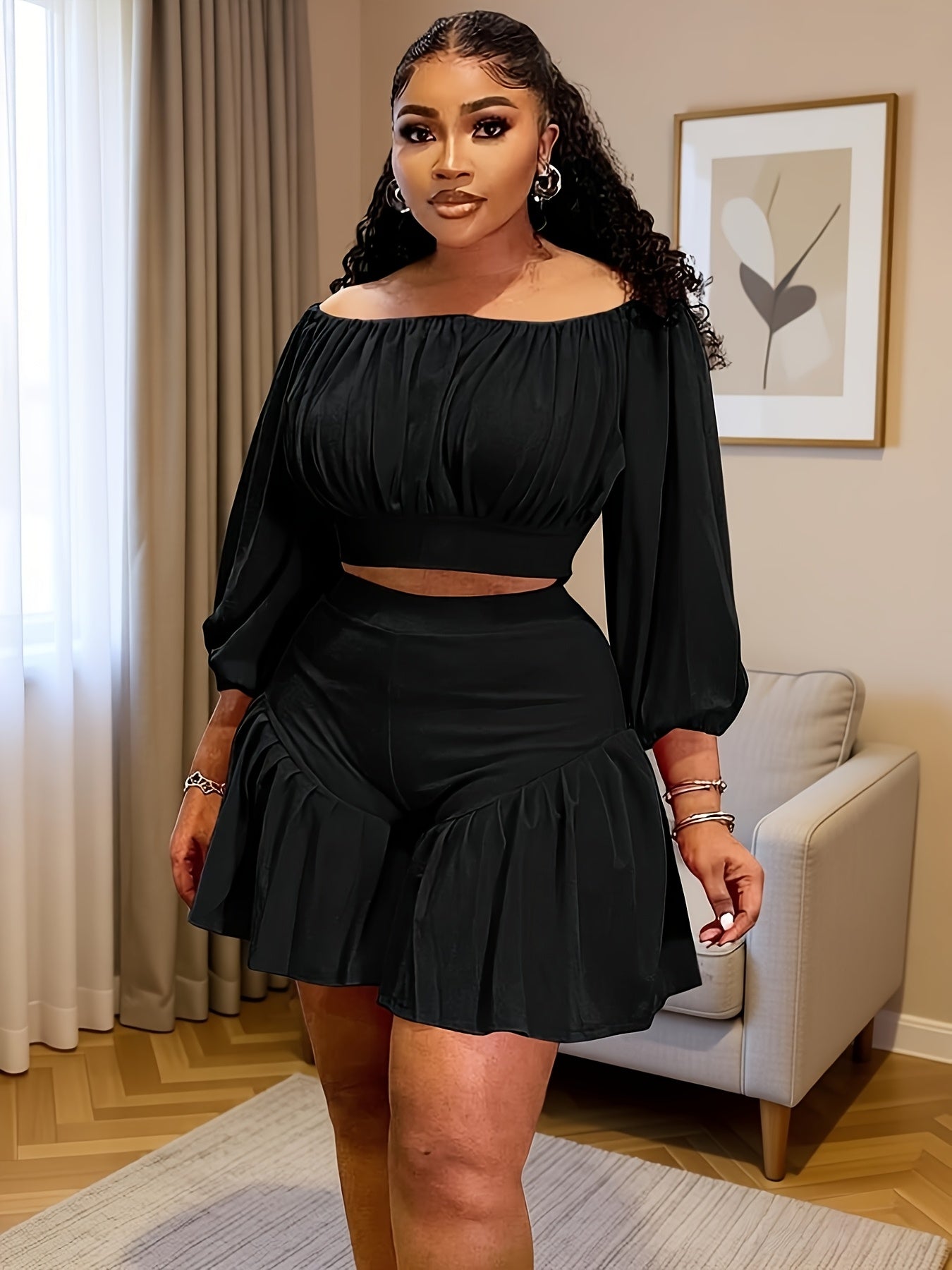 Plus Size - Plus Size - New Fluffy Waist-Cinching Casual Two-Piece Set with Pleated One Neck Design