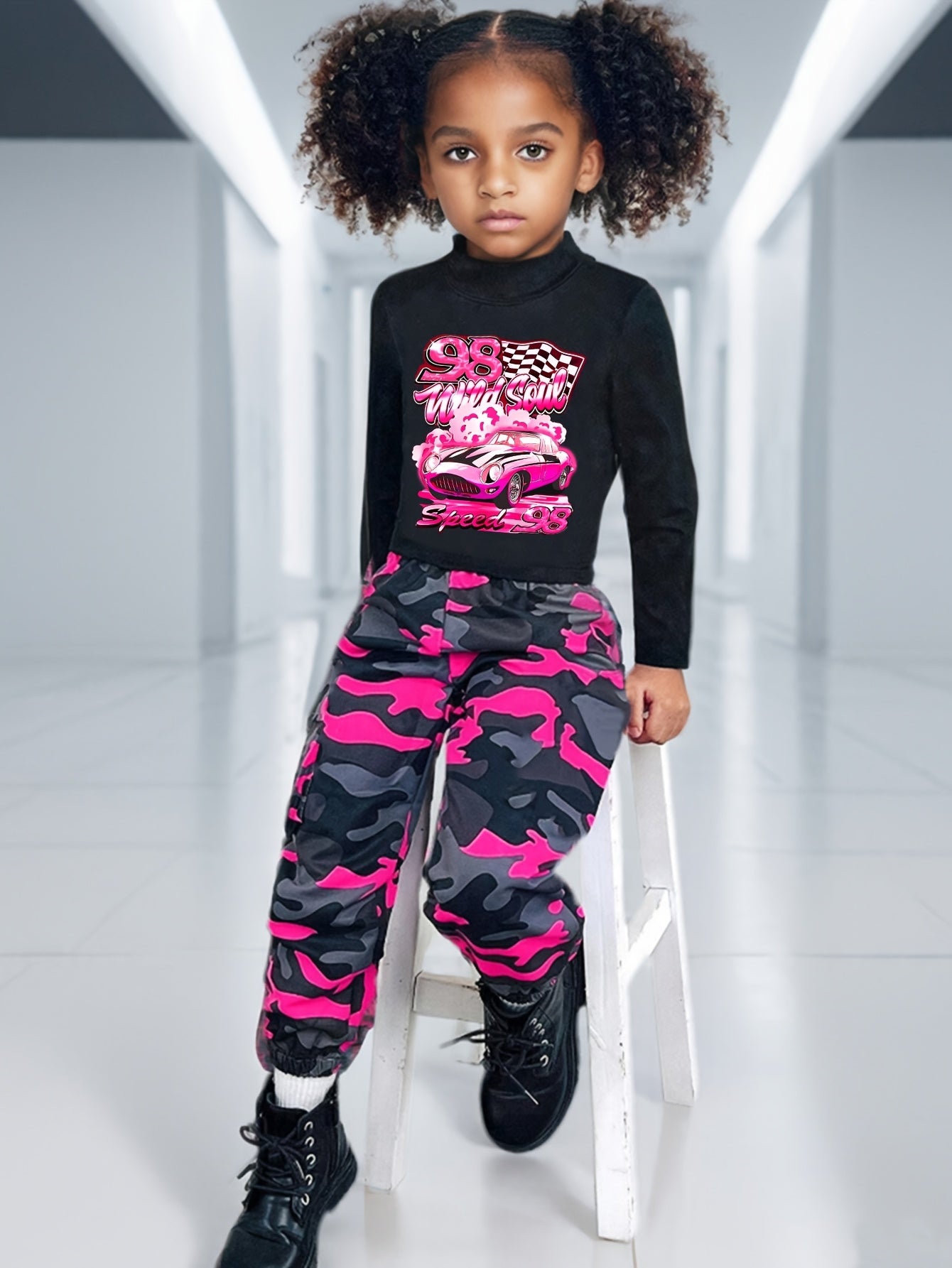 Girls 2pcs Set: Black Small High Collar Long Sleeve Pattern T-shirt + Camouflage Work Bag Jogging Pants, Suitable for Autumn, Suitable for 3 Years Old and Above, for Outdoor