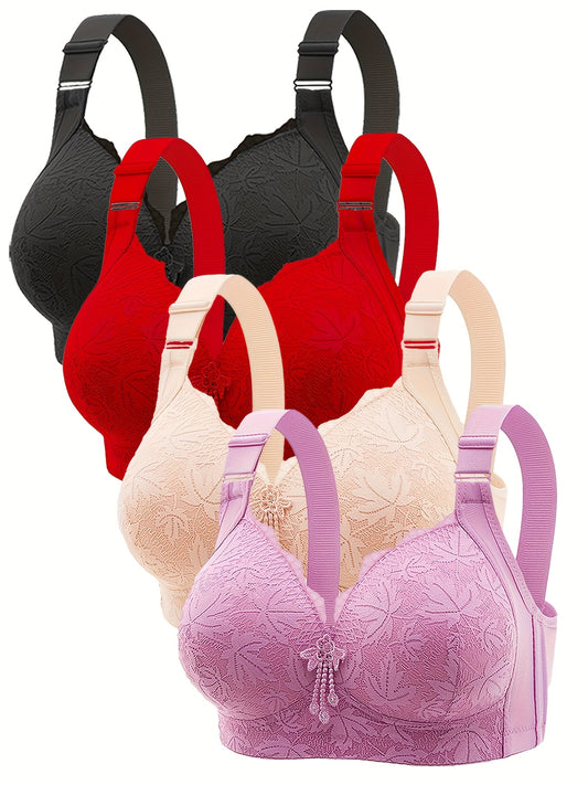 [4-Pack Sports Bras] 4-Pack EssElegance Sports Bras | Adjustable Gathered V-Neck Nylon Underwear with High Elasticity Fabric, Solid Pattern