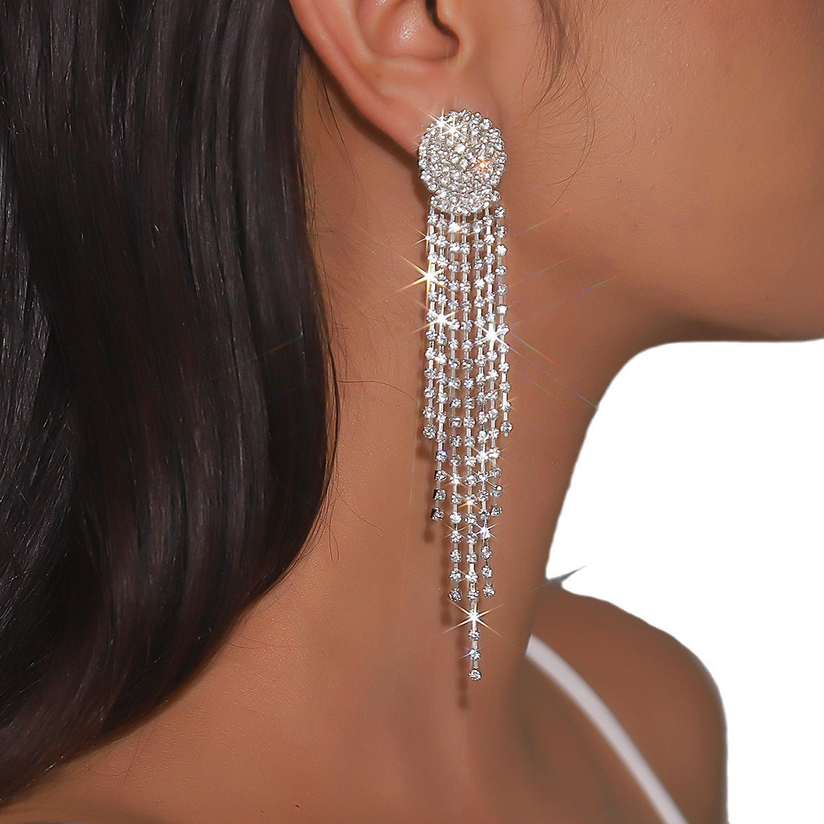 Exaggerated Long Rhinestone Tassel Earrings Dress All-Matching Graceful Eardrop Earring Women Bling Bling Crystal Rhinestone Drop Earrings