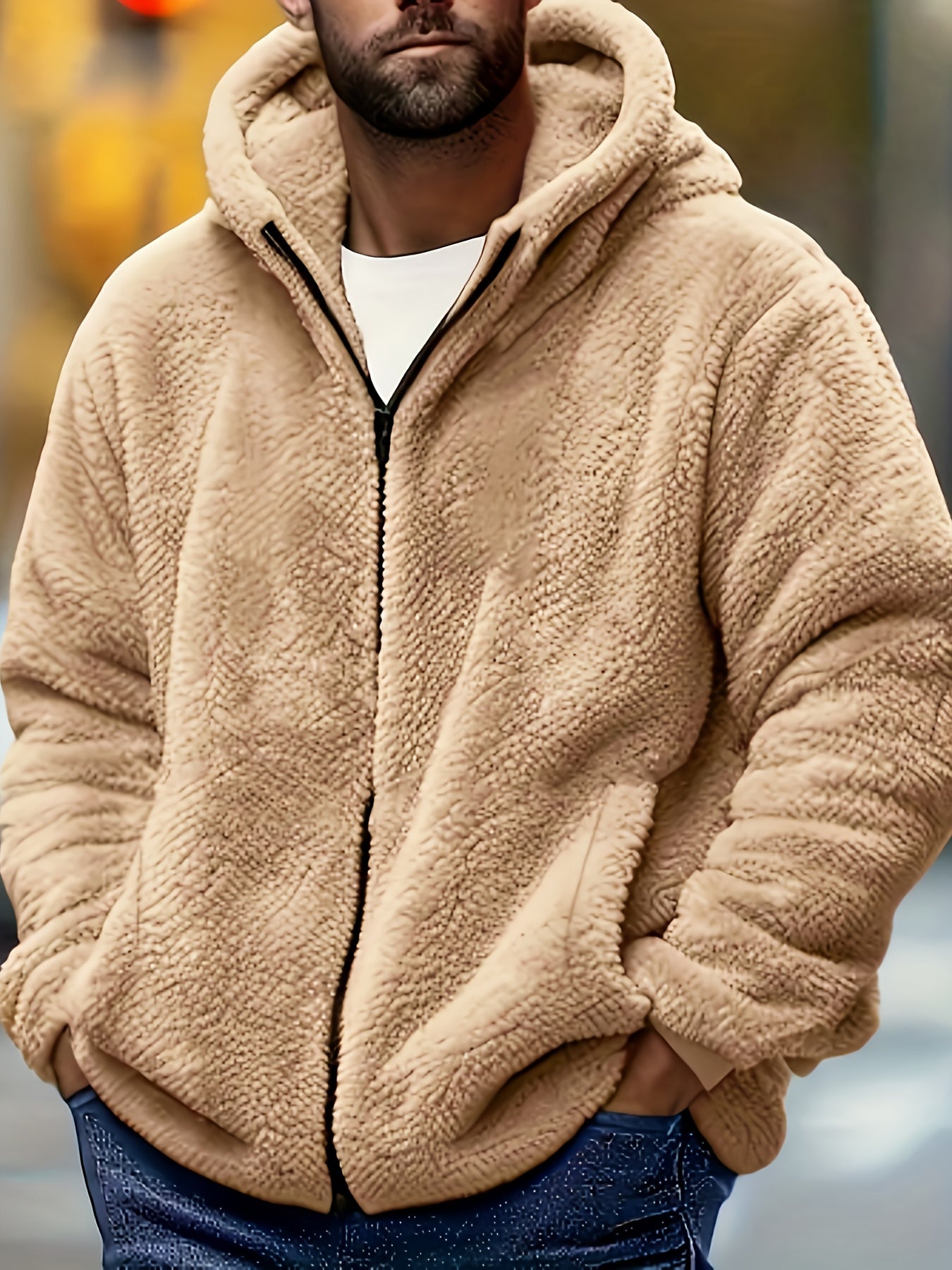 Men's Plush Jacket with Hood - Coral Fleece-Like Outer, Full-Zip Winter Warm Coat, Machine Washable, Pockets & Adjustable Hood, Casual Outerwear for Fall/Winter (No Bulk) - Ideal for Cold Weather (OBM